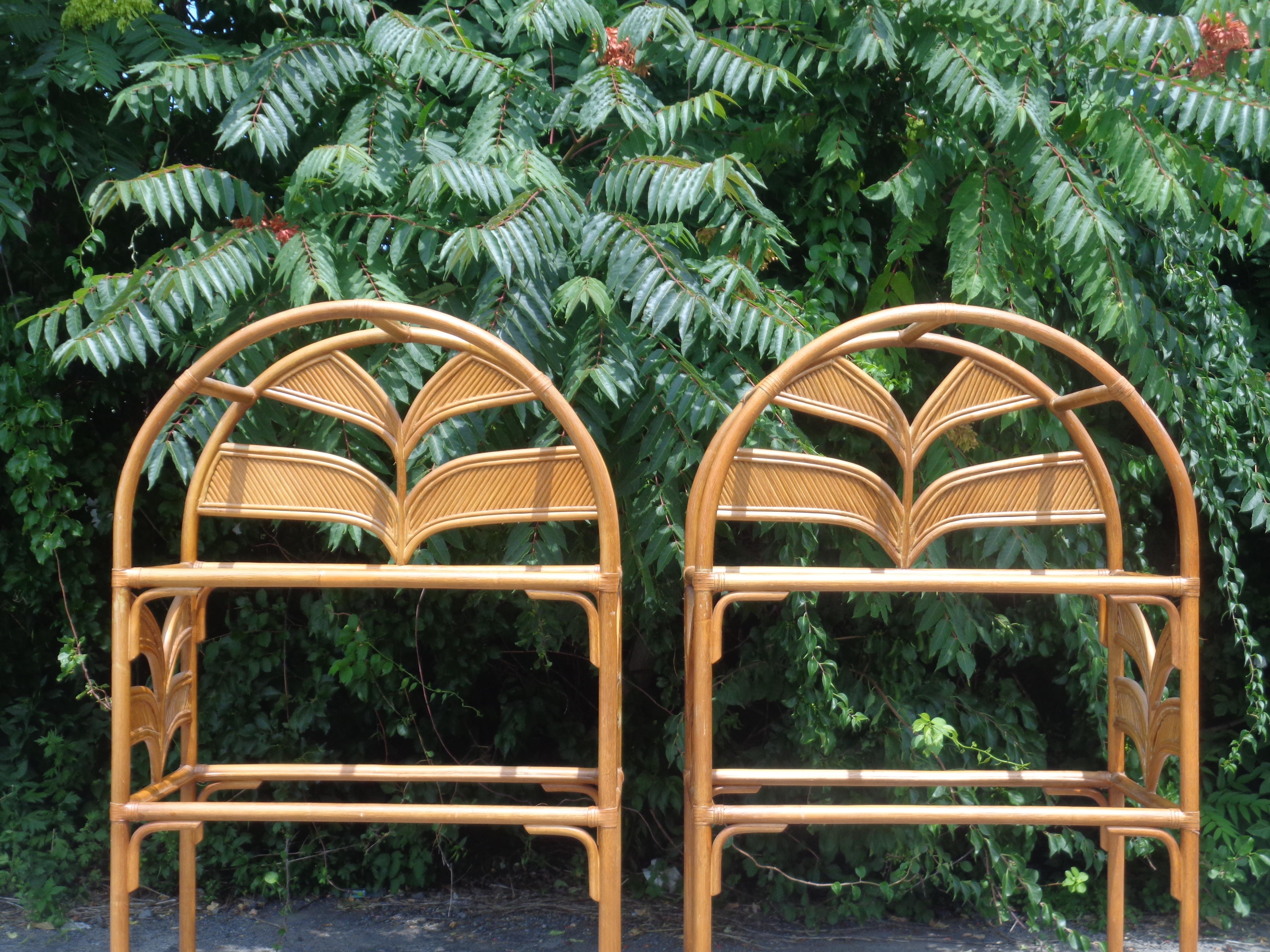 Beveled Pair Leather Wrapped Rattan Arch Top Etageres style of Gabriela Crespi, 1970's