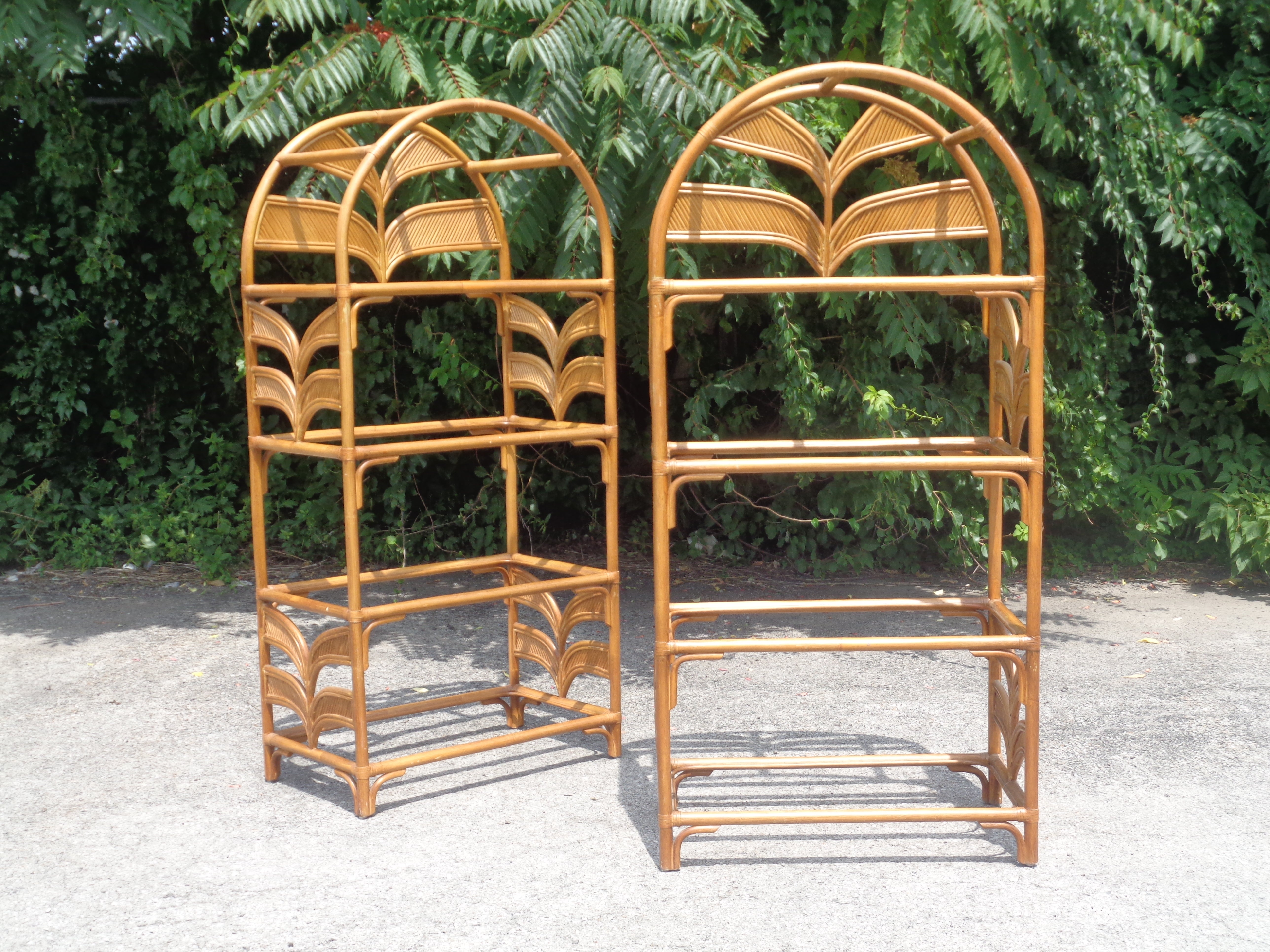 Pair Leather Wrapped Rattan Arch Top Etageres style of Gabriela Crespi, 1970's 1