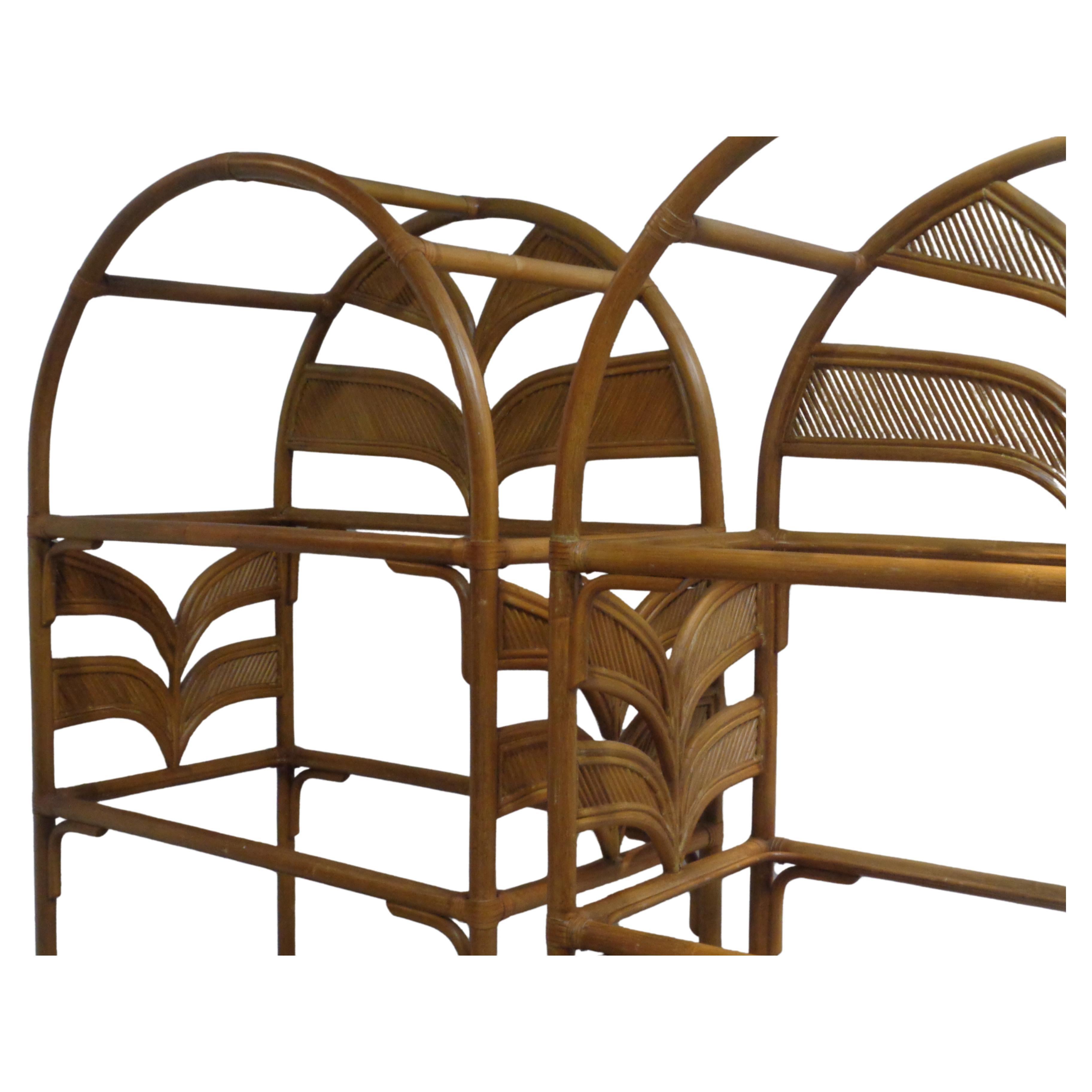Pair Leather Wrapped Rattan Arch Top Etageres style of Gabriela Crespi, 1970's 3