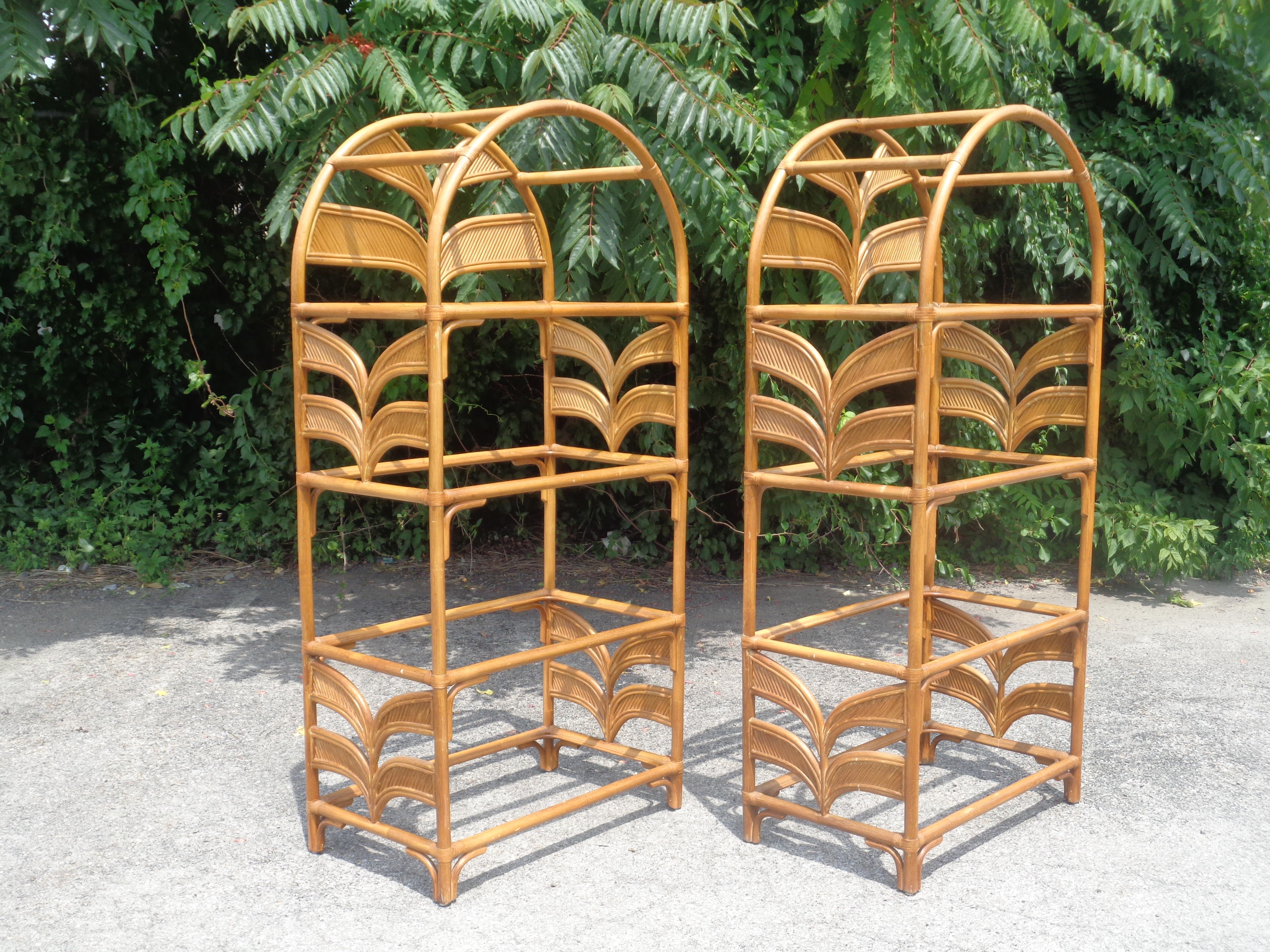 Pair Leather Wrapped Rattan Arch Top Etageres style of Gabriela Crespi, 1970's 4