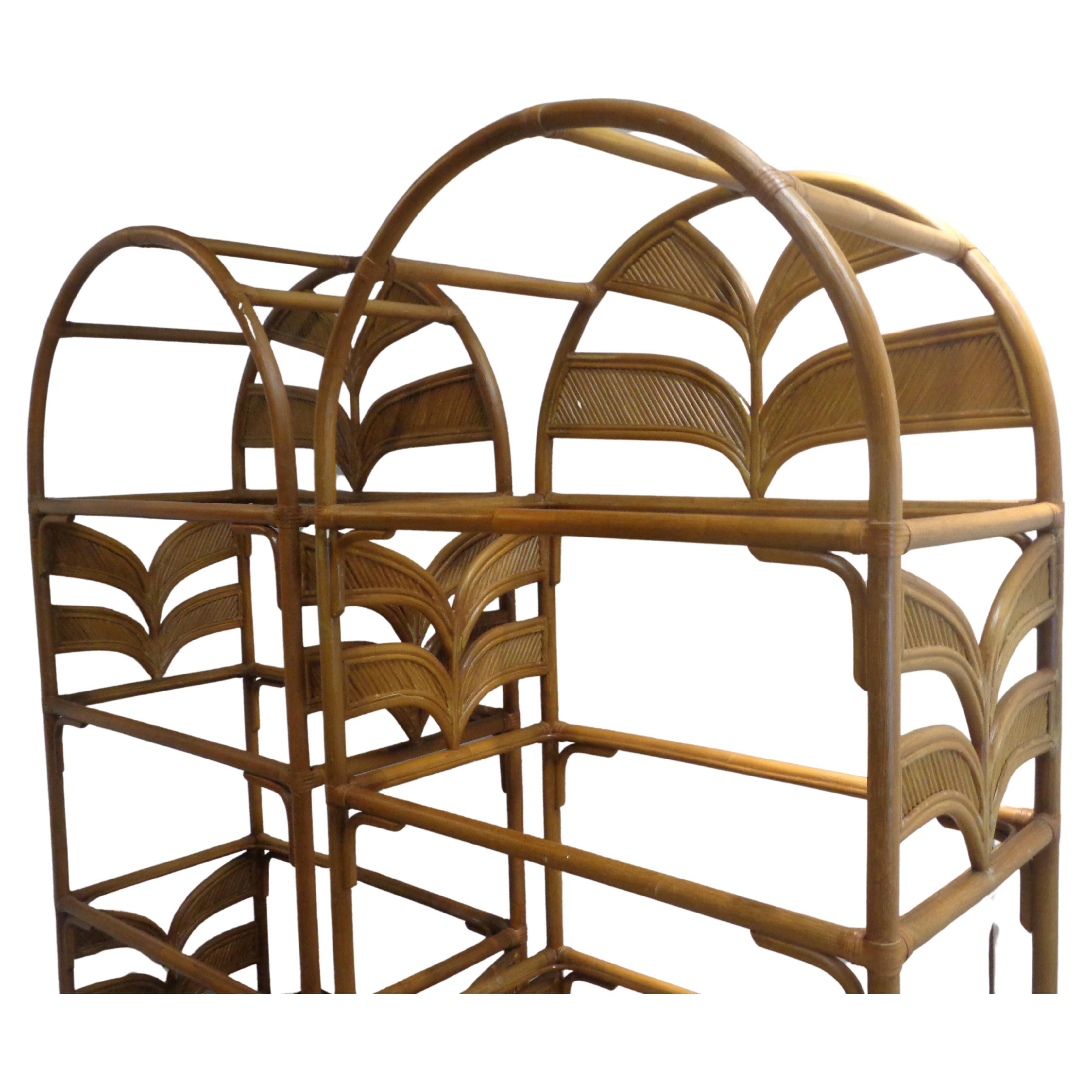 Pair Leather Wrapped Rattan Arch Top Etageres style of Gabriela Crespi, 1970's 2