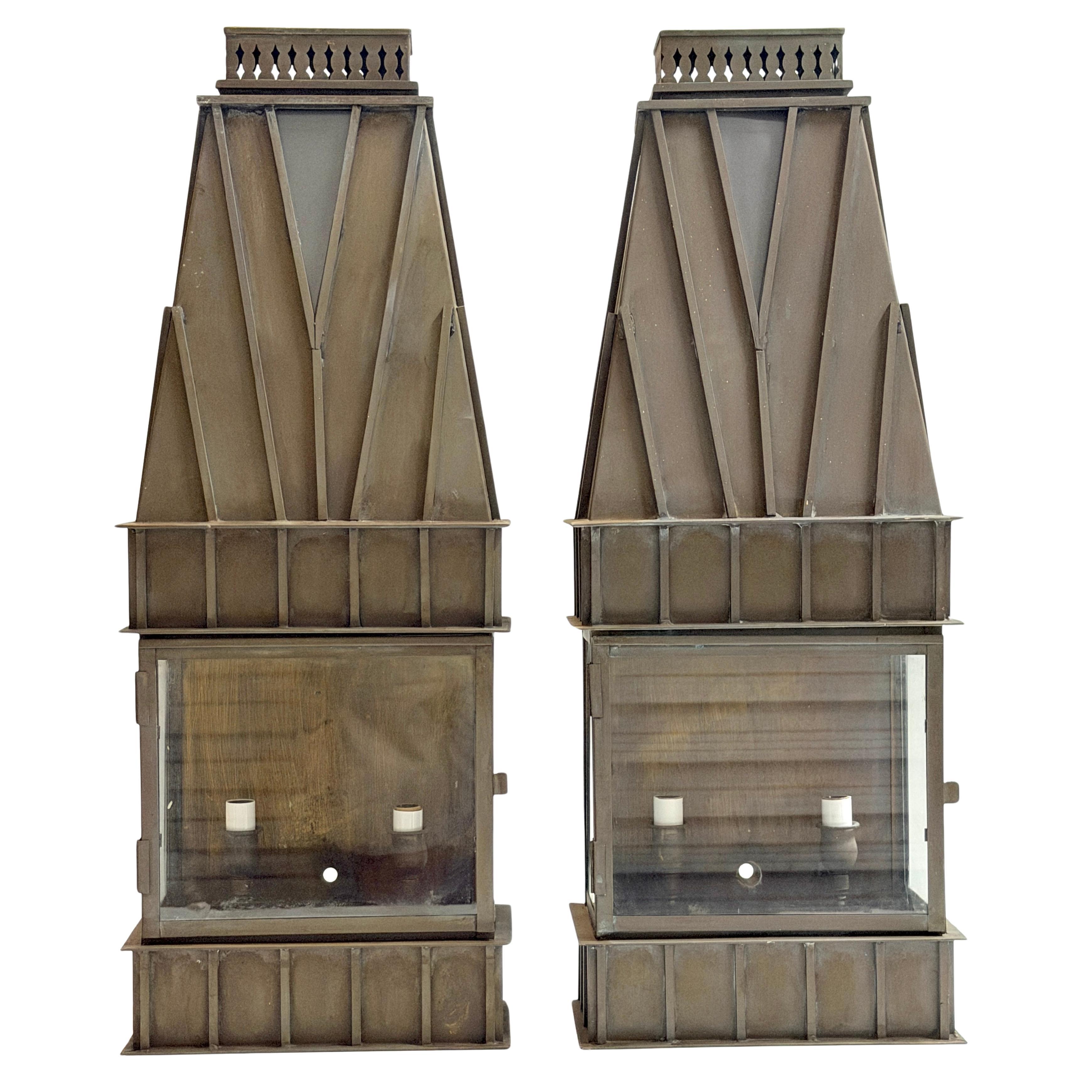 Pair Architectural Georgian Gothic Bronze Exterior/Interior Wall Sconces For Sale