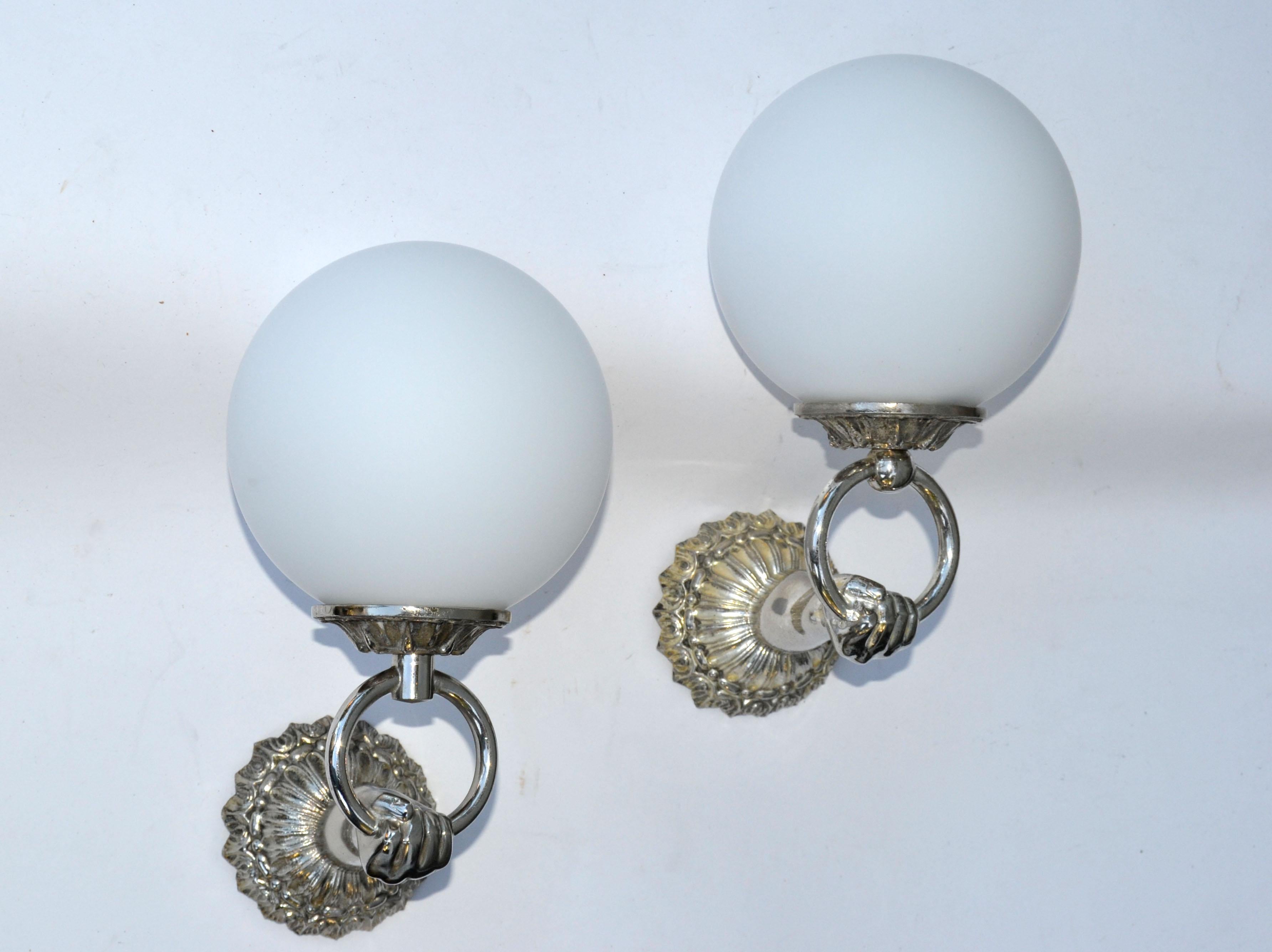 Pair, Arlus Style Neoclassical Hand Nickel & Round Opaline Glass Sconces France For Sale 7