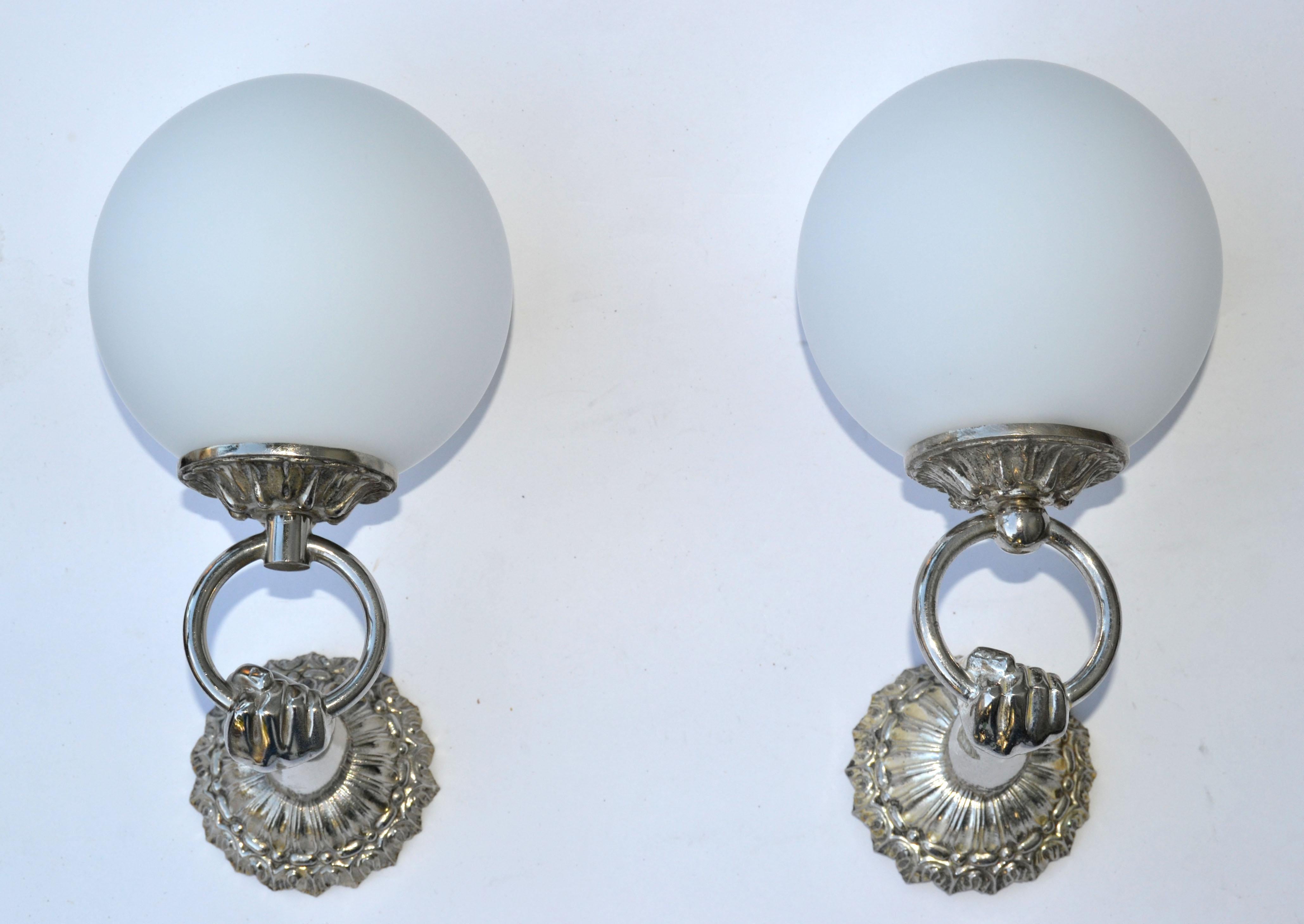 French Pair, Arlus Style Neoclassical Hand Nickel & Round Opaline Glass Sconces France For Sale