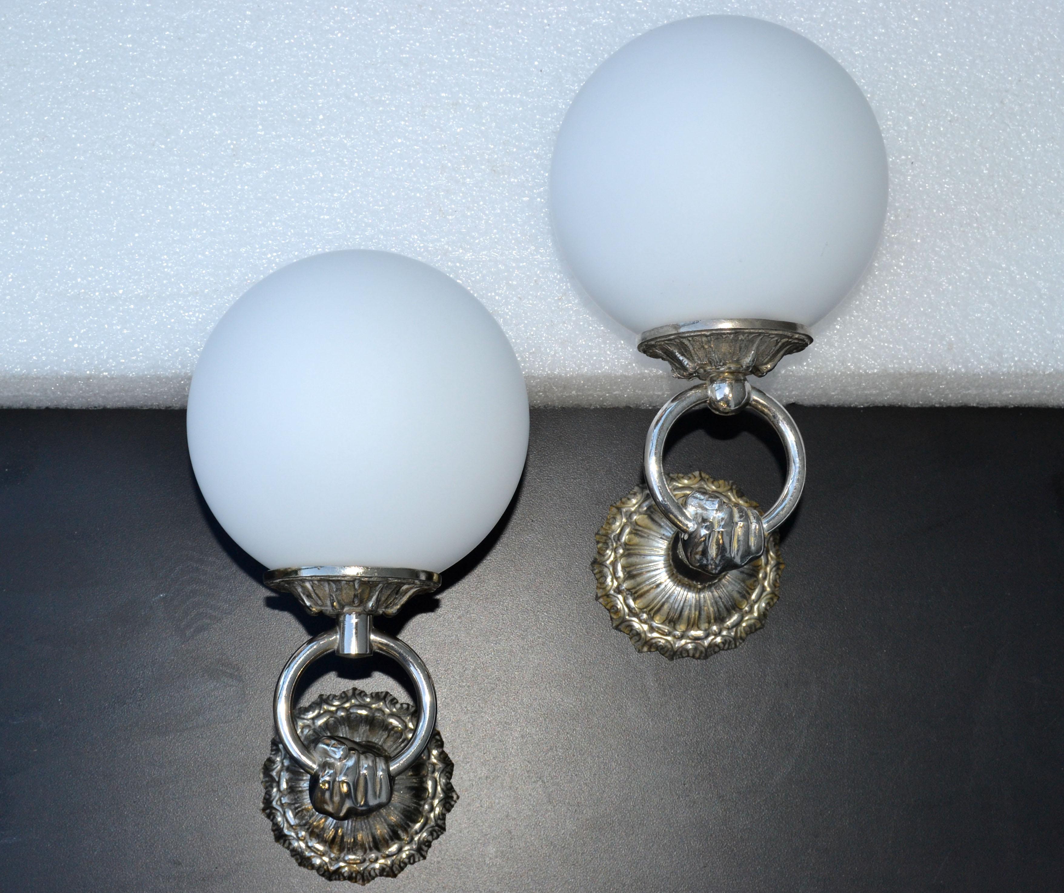 Polished Pair, Arlus Style Neoclassical Hand Nickel & Round Opaline Glass Sconces France For Sale
