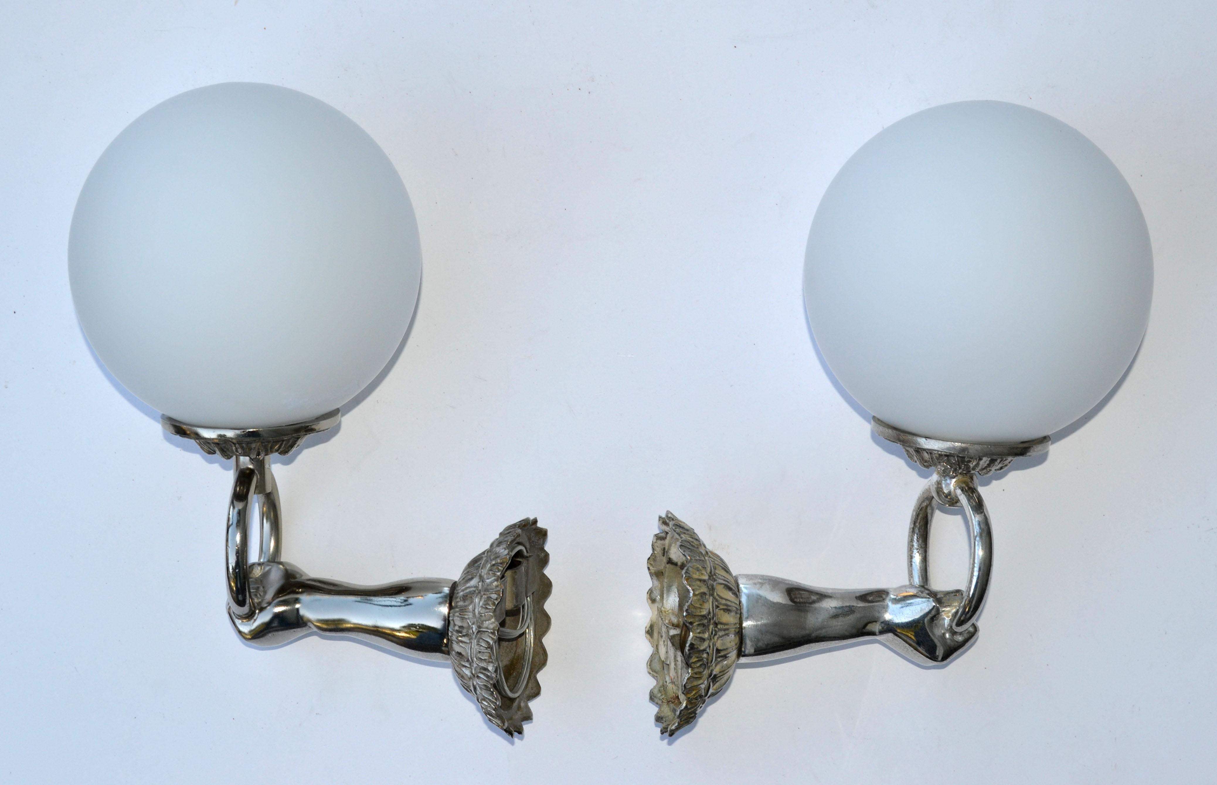 Pair, Arlus Style Neoclassical Hand Nickel & Round Opaline Glass Sconces France In Good Condition For Sale In Miami, FL