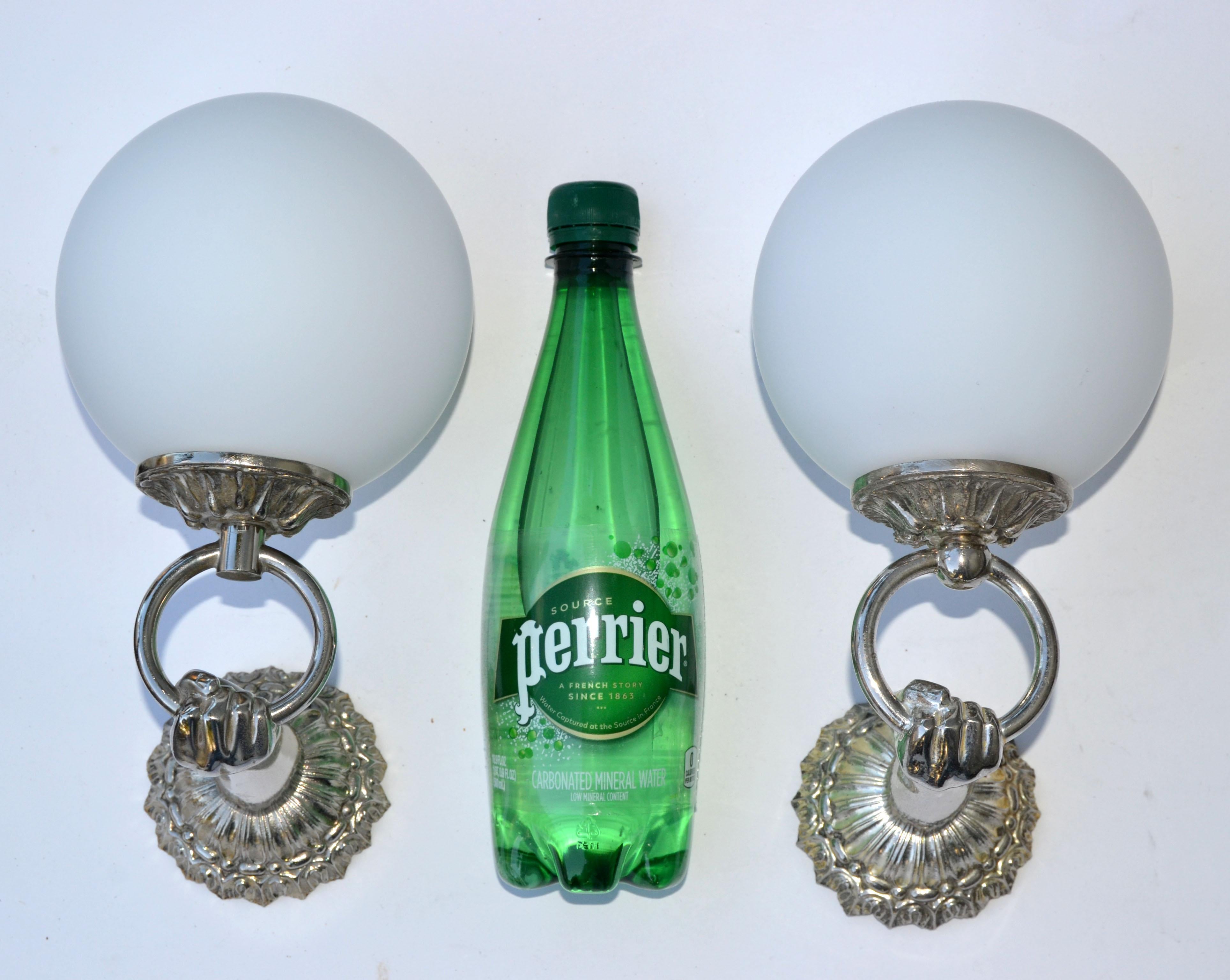 Pair, Arlus Style Neoclassical Hand Nickel & Round Opaline Glass Sconces France For Sale 1