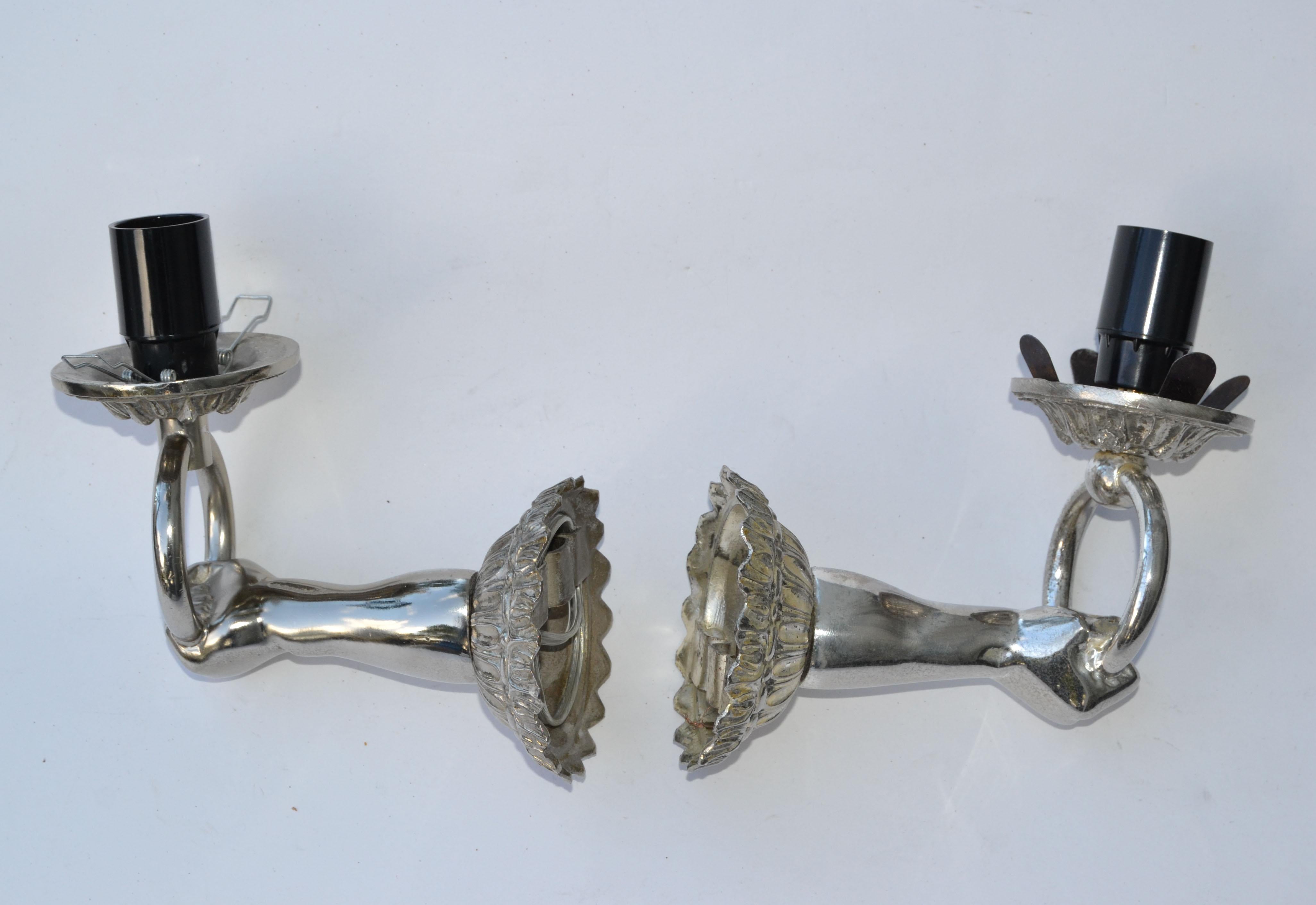 Pair, Arlus Style Neoclassical Hand Nickel & Round Opaline Glass Sconces France For Sale 3
