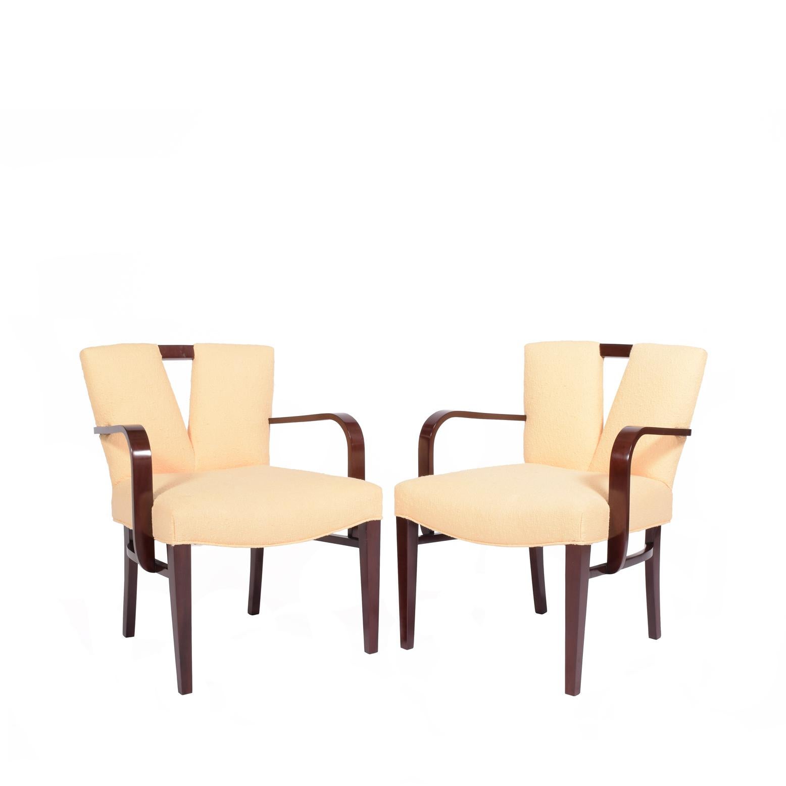 Set of two armchairs mahogany stain wood and new upholstery design by Paul Frankl for Johnson Furniture.