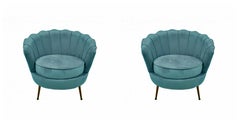 Pair Armchair Turquoise Velvet Upholstered New