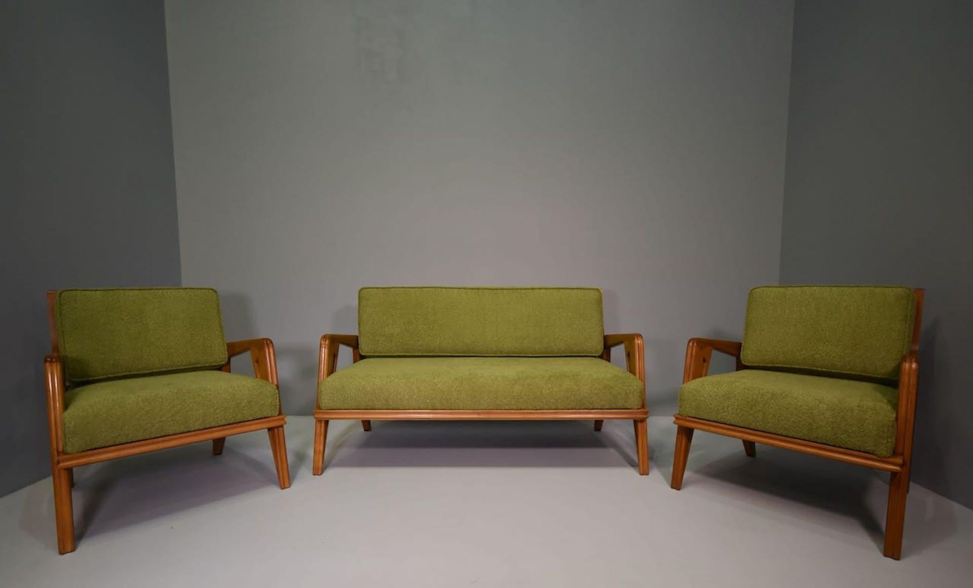 Pair armchairs Attributed to Franco Campo 
& Carlo Graffi (1925-1985), 
Pair of armchairs 
Maple and velvet 
Appelli & Varesio Edition.
the size of air chairs are Depth 70cm ,Width 67.5 cm,Height 78 cm,Seat Height41
the size of Sofa' are Depth 70cm