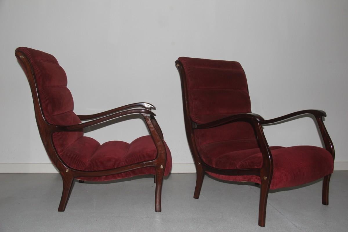Pair of armchairs Arredamenti Corallo 1950 red velvet walnut curved Italian design.