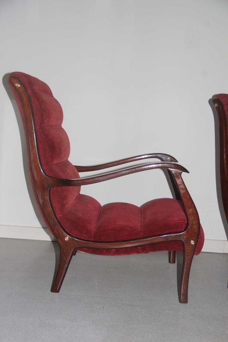 Mid-Century Modern Armchairs Arredamenti Corallo 1950 Red Velvet Walnut Curved Italian Design, Pair For Sale