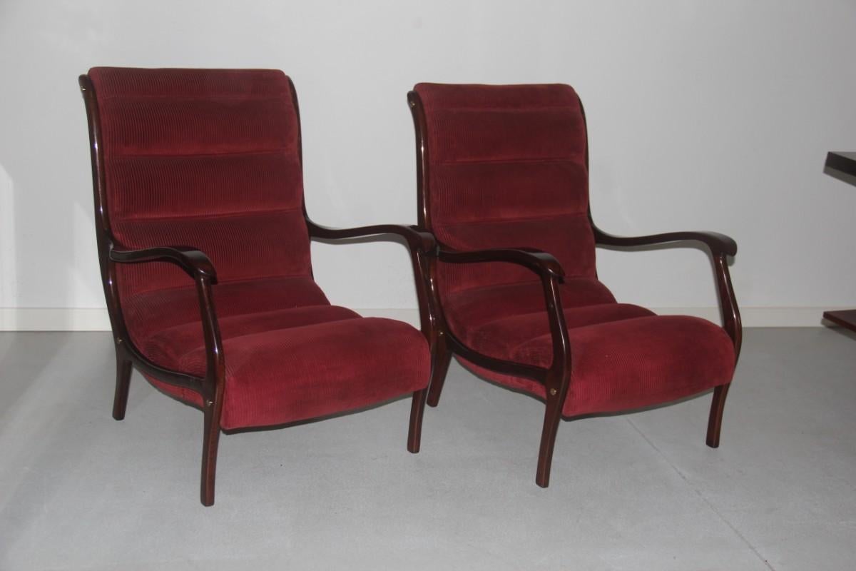 Mid-20th Century Armchairs Arredamenti Corallo 1950 Red Velvet Walnut Curved Italian Design, Pair For Sale