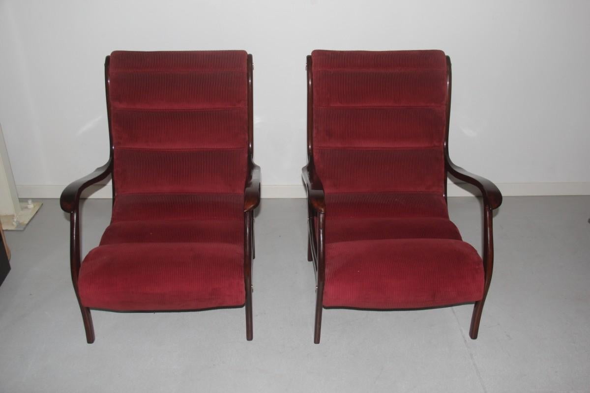 Armchairs Arredamenti Corallo 1950 Red Velvet Walnut Curved Italian Design, Pair For Sale 2