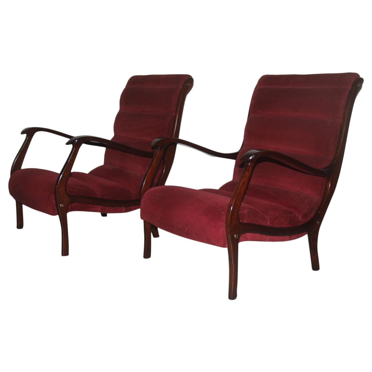 Poltrone Arredamenti Corallo 1950 Velluto Rosso Noce Design Italiano Curvo, Coppia in vendita