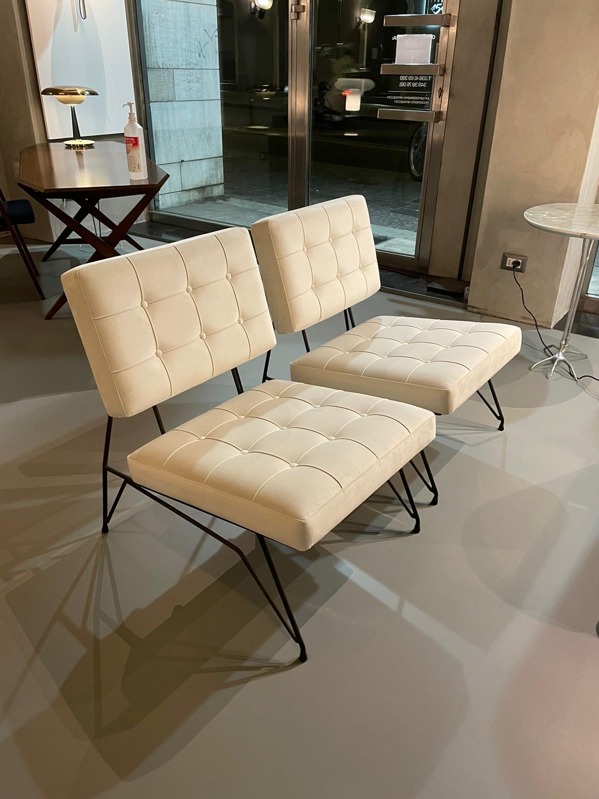 Mid-Century Modern Pair Armchairs Cerutti Upholstered White Velvet Iron Laquered Lissone Italy 1960