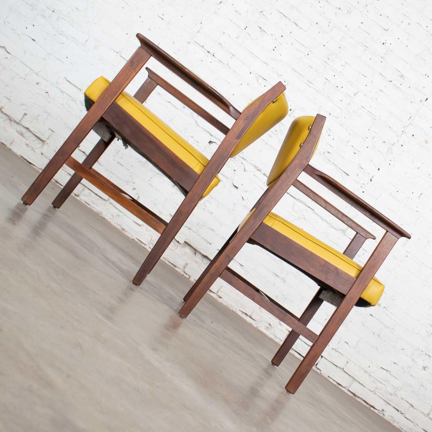 Mid-Century Modern Pair of Armchairs MCM Gold Faux Leather & Walnut by Madison Furniture Industries