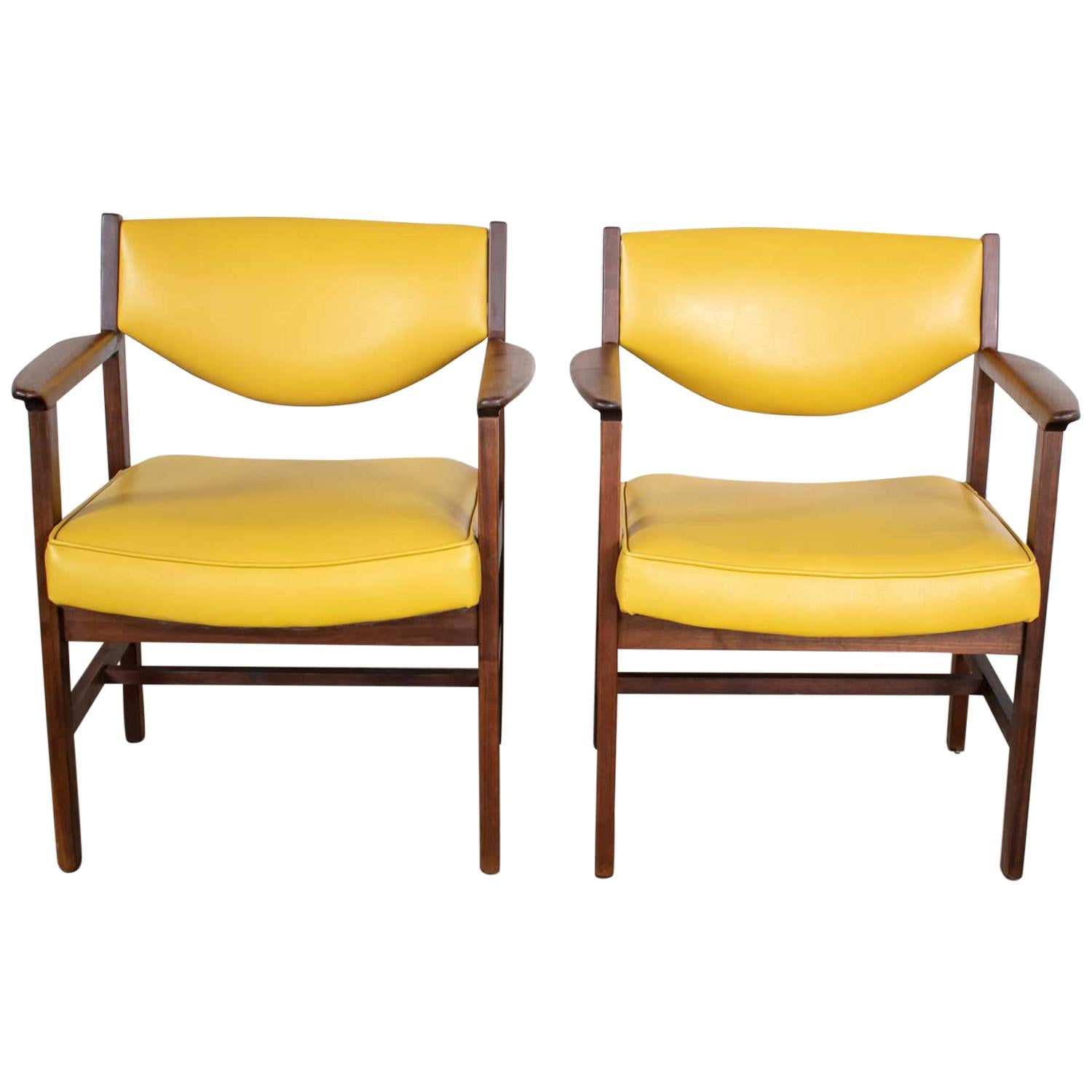 Pair of Armchairs MCM Gold Faux Leather & Walnut by Madison Furniture Industries