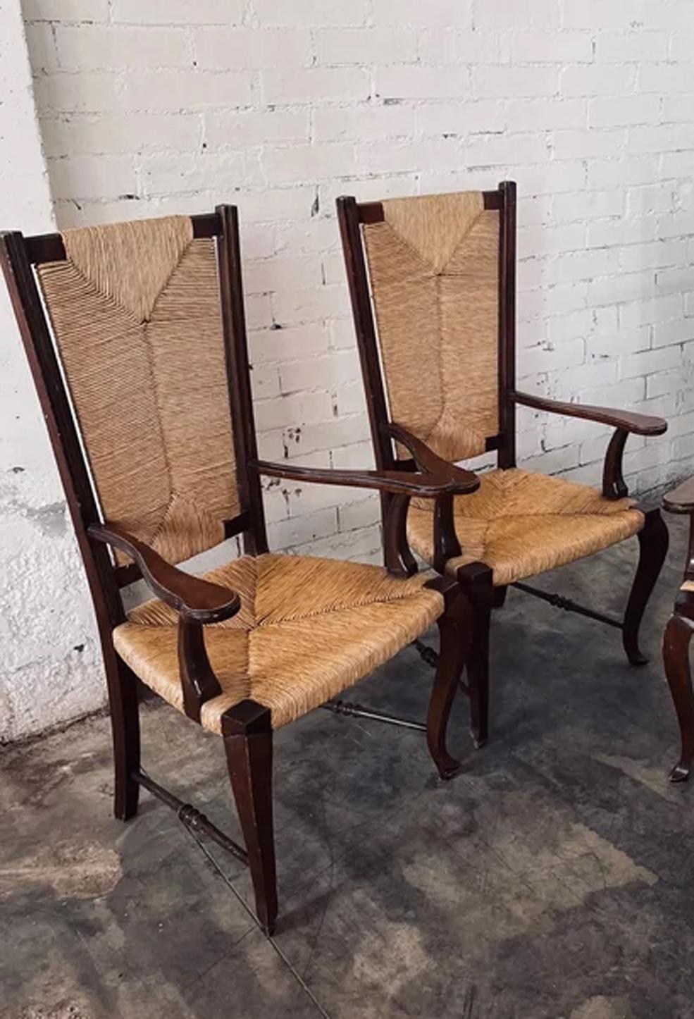 Pair Armchairs  Queen Anne Interwoven Rope and Wood, Spain Early 20th Century In Good Condition For Sale In Mombuey, Zamora