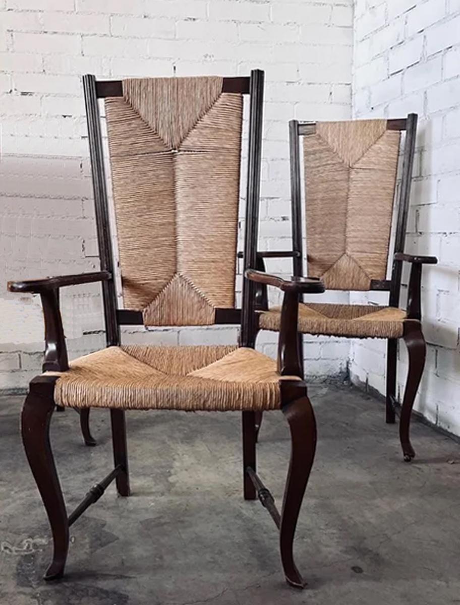 Pair Armchairs  Queen Anne Interwoven Rope and Wood, Spain Early 20th Century For Sale 3