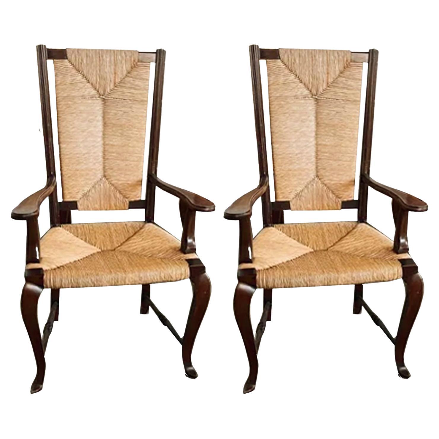 Pair Armchairs  Queen Anne Interwoven Rope and Wood, Spain Early 20th Century
