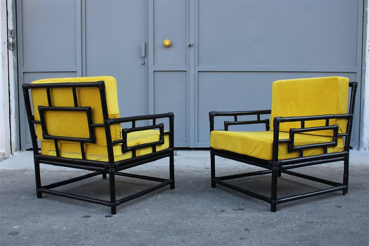 Mid-Century Modern Pair of Armchairs Vivai Del Sud 1970s Bamboo Black Yellow Velvet Made in Italy