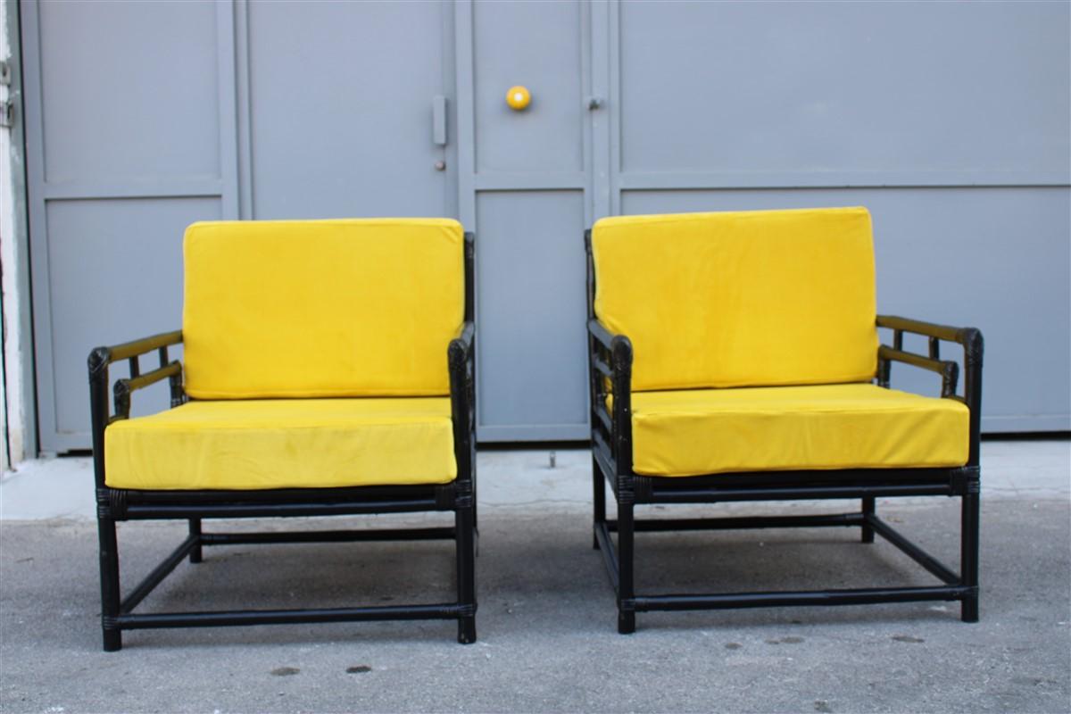 Italian Pair of Armchairs Vivai Del Sud 1970s Bamboo Black Yellow Velvet Made in Italy