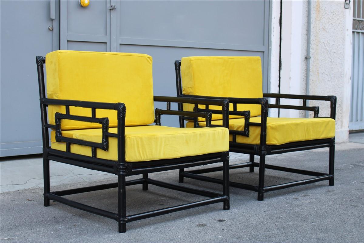 Pair of Armchairs Vivai Del Sud 1970s Bamboo Black Yellow Velvet Made in Italy In Good Condition In Palermo, Sicily