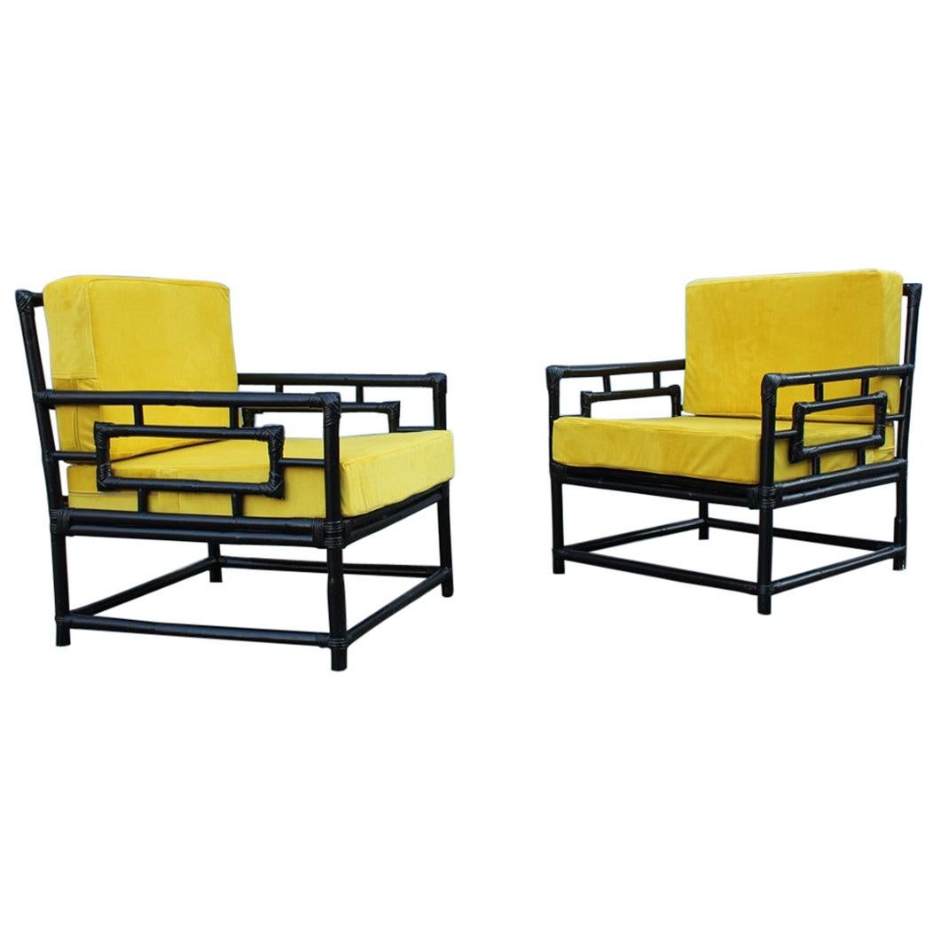 Pair of Armchairs Vivai Del Sud 1970s Bamboo Black Yellow Velvet Made in Italy