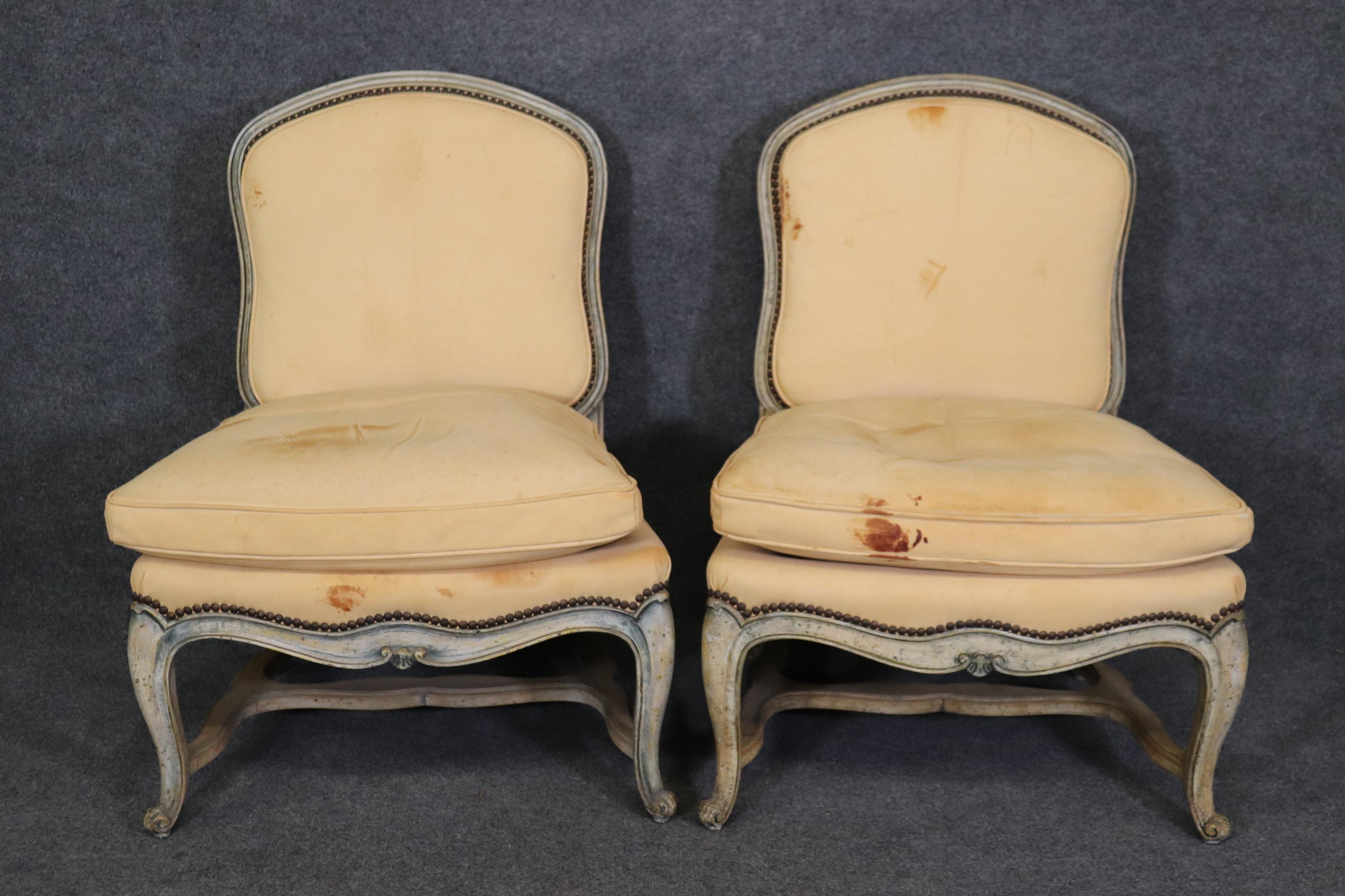 American Pair Armless French Louis XV Antique White Yellow Glaze Leather Bergere Chairs