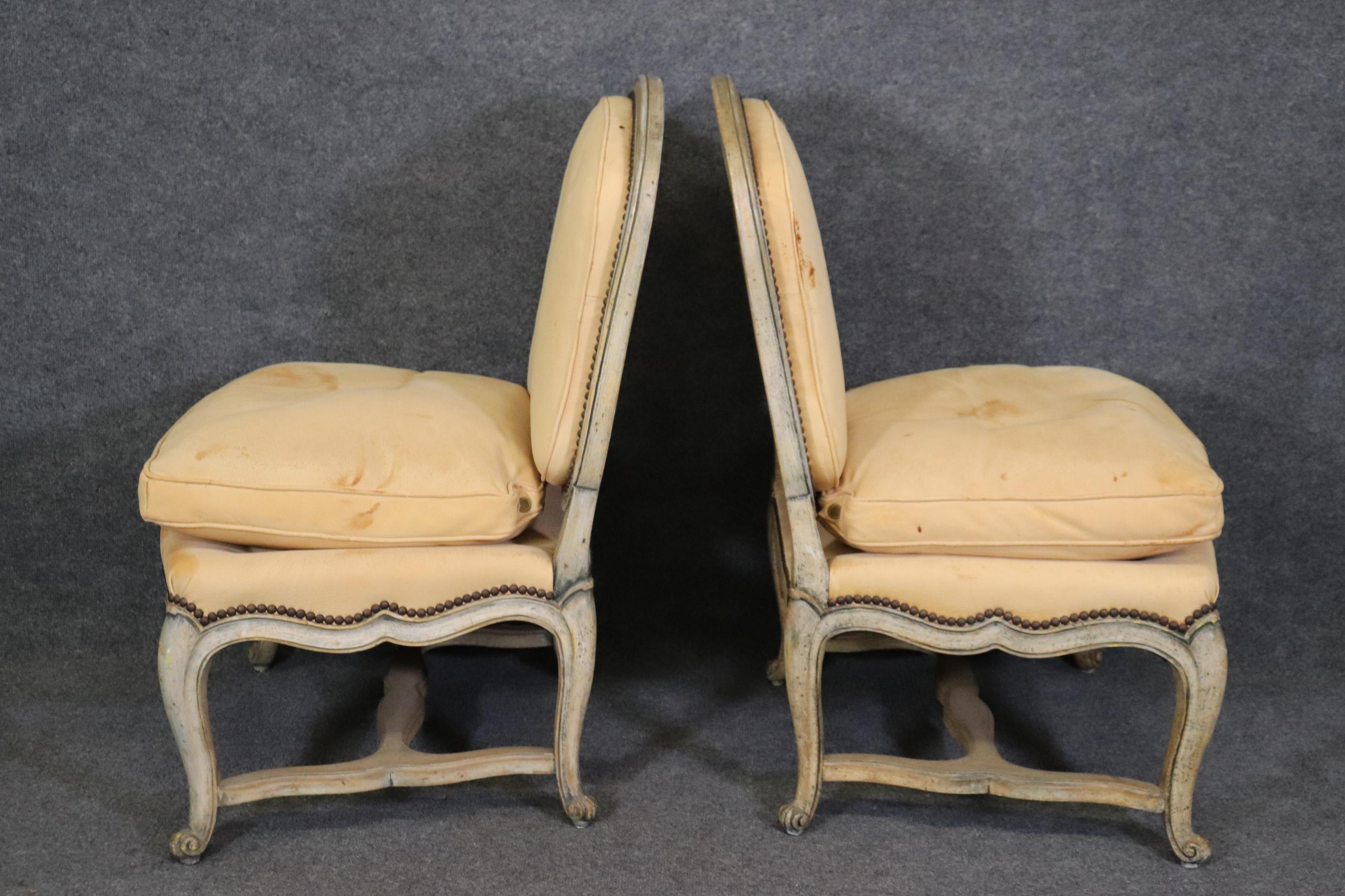 Pair Armless French Louis XV Antique White Yellow Glaze Leather Bergere Chairs In Fair Condition In Swedesboro, NJ