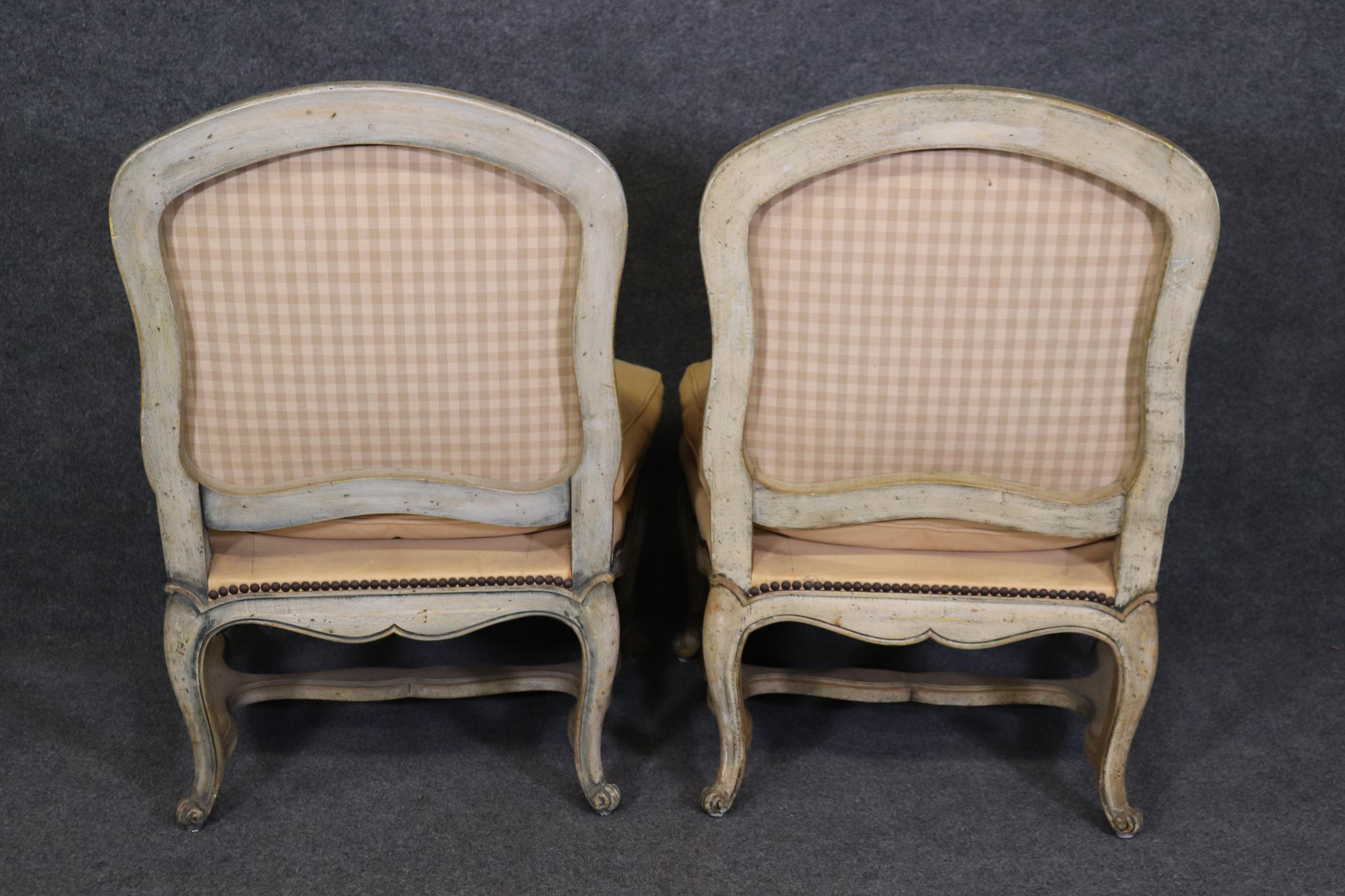 Late 20th Century Pair Armless French Louis XV Antique White Yellow Glaze Leather Bergere Chairs