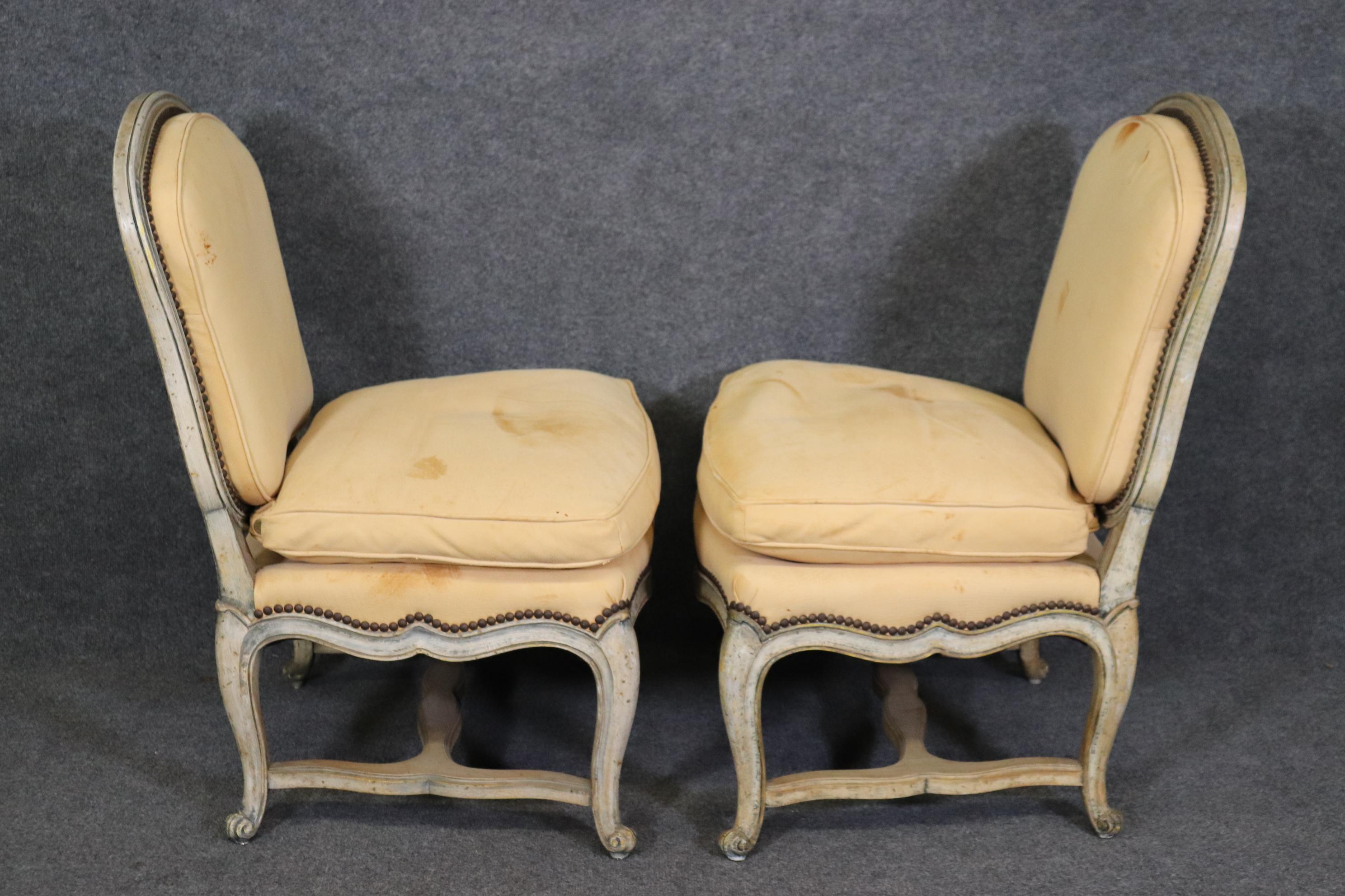 Walnut Pair Armless French Louis XV Antique White Yellow Glaze Leather Bergere Chairs