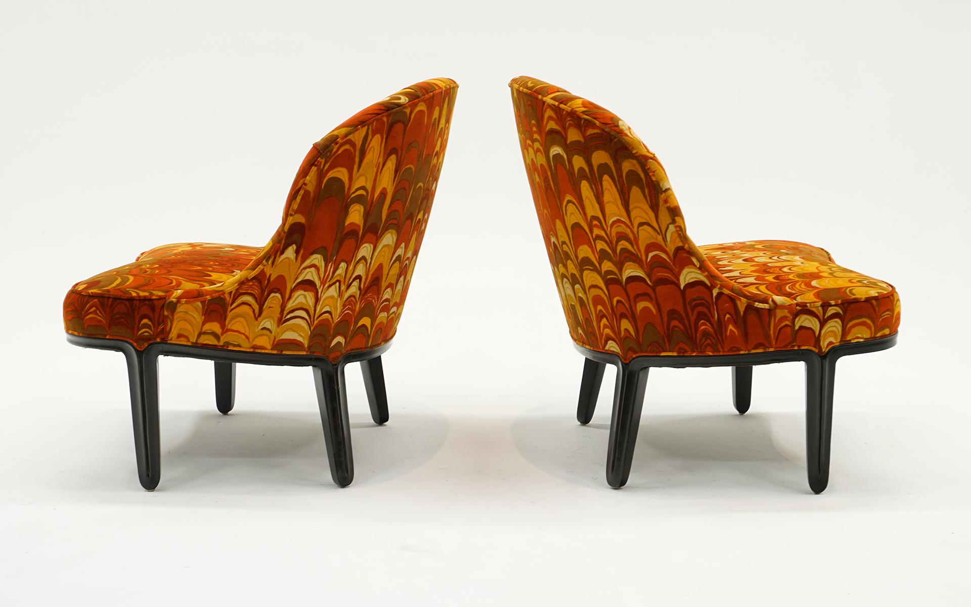 Mid-Century Modern Pair Armless Janus Chairs by Edward Wormley. Rare orangeJack Lenor Larsen Fabric For Sale