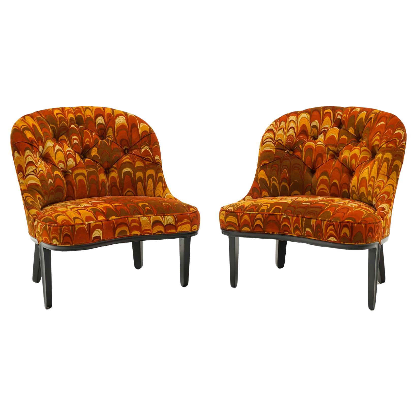 Pair Armless Janus Chairs by Edward Wormley. Rare orangeJack Lenor Larsen Fabric