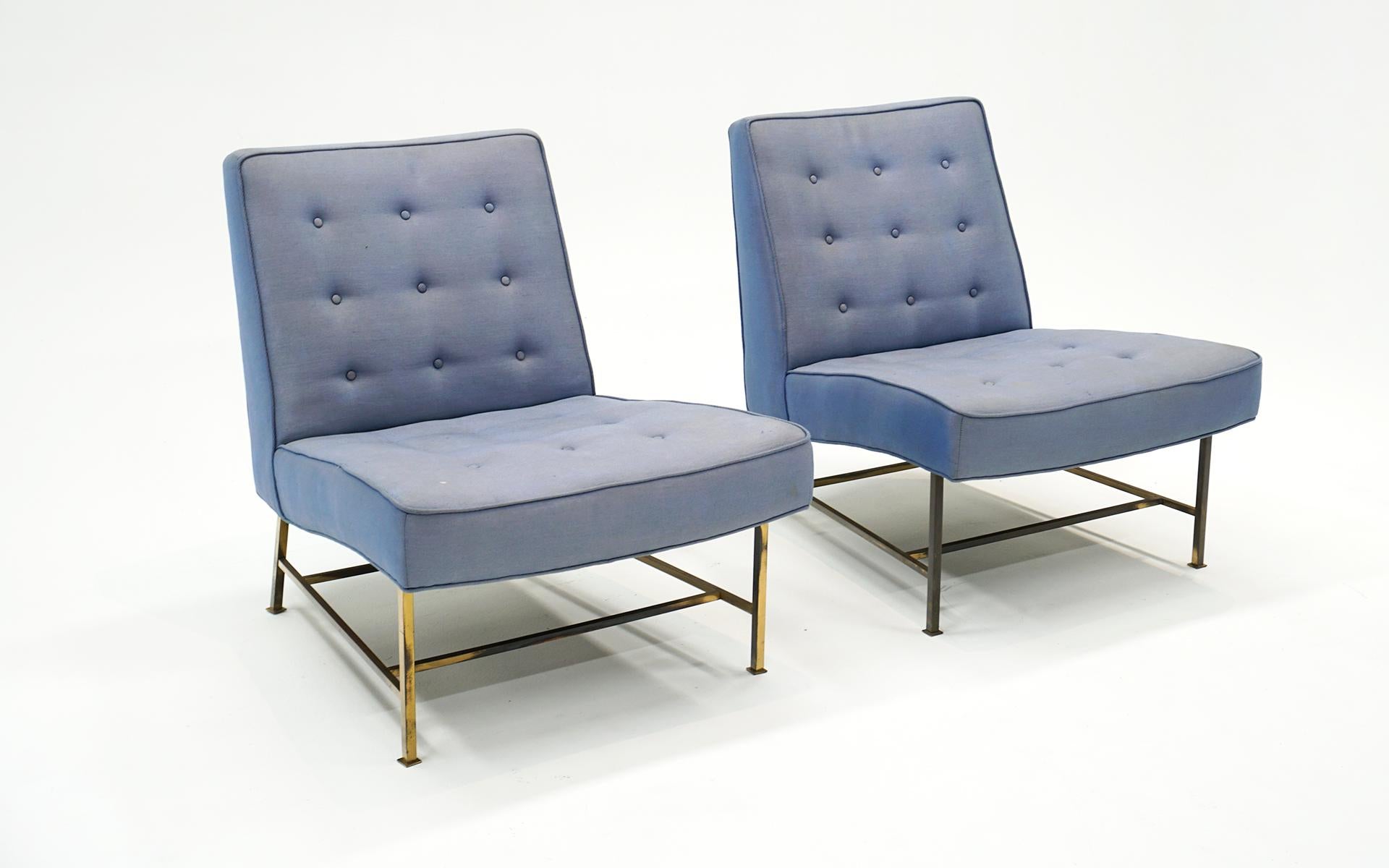 Mid-Century Modern Pair Armless Lounge / Slipper Chairs with Brass Frames by Harvey Probber For Sale