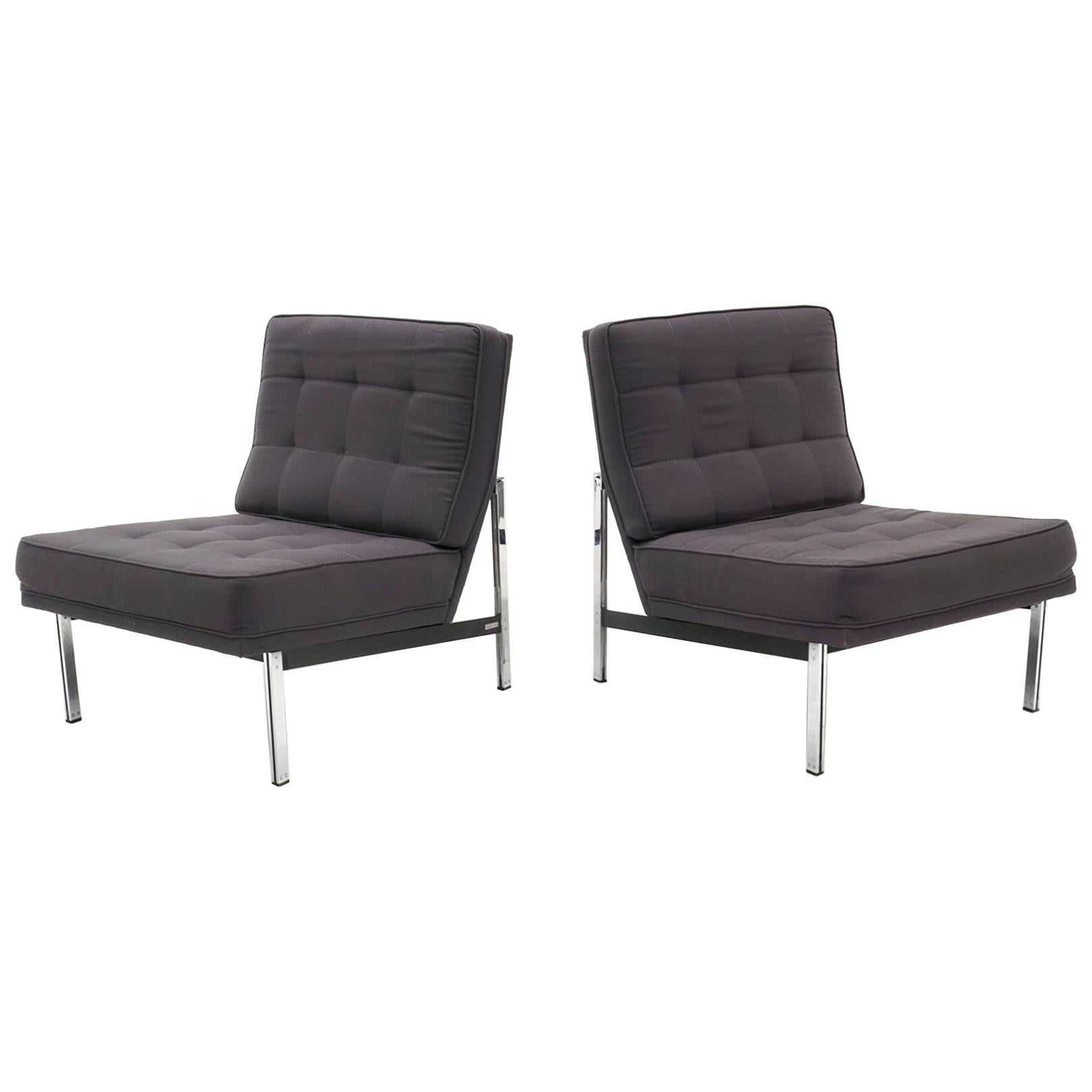 Pair of Armless Parallel Bar Lounge Chairs by Florence Knoll, Gray Fabric Chrome