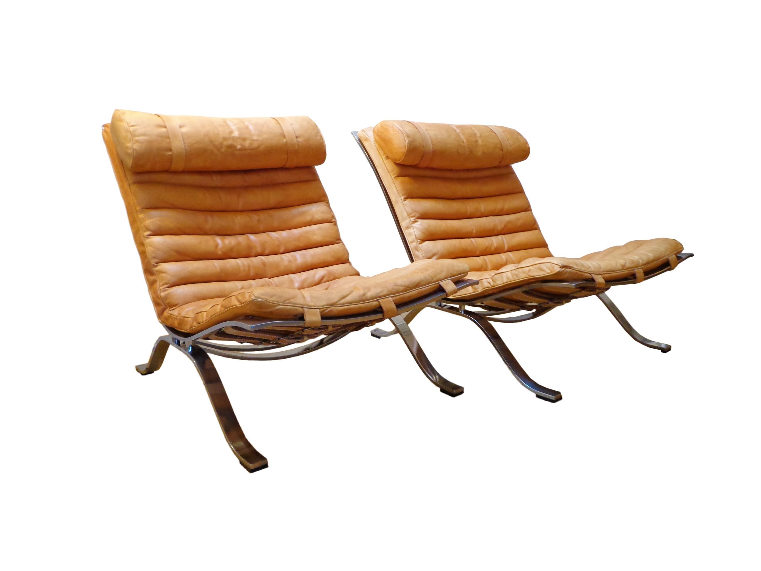 Scandinavian Modern Pair Arne Norell ‘Ari’ Lounge Chair in Natural-Cognac Leather 1960s Scandinavian For Sale