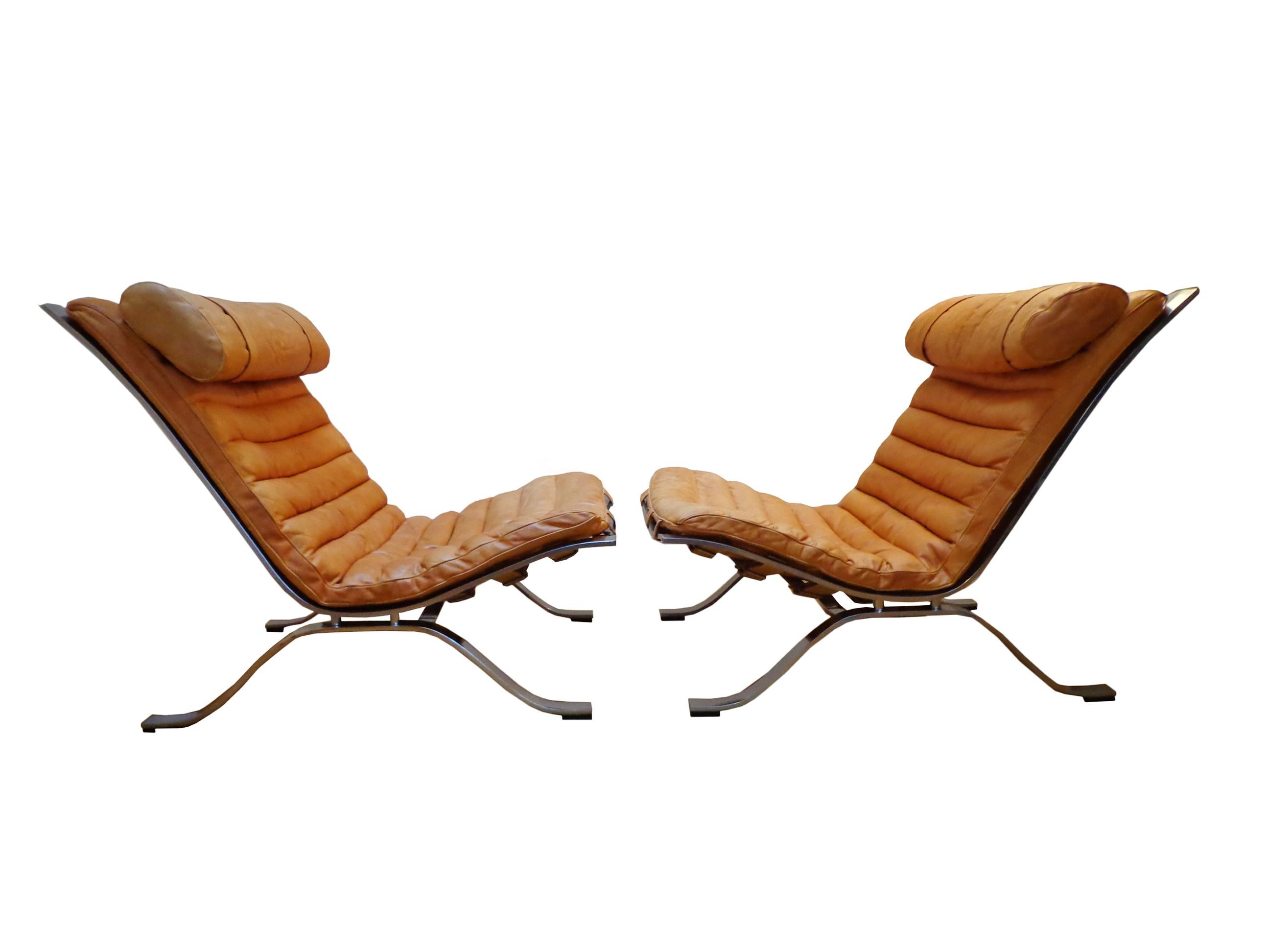 Mid-20th Century Pair Arne Norell ‘Ari’ Lounge Chair in Natural-Cognac Leather 1960s Scandinavian For Sale