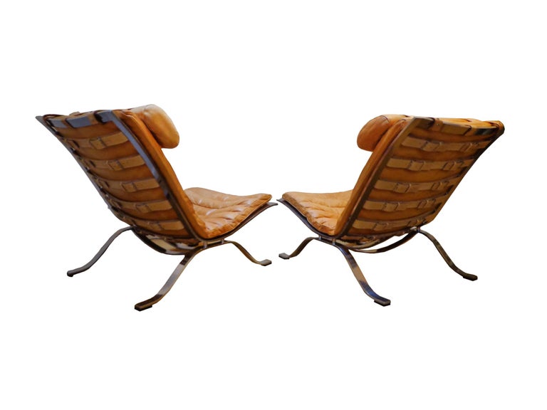 Pair Arne Norell ‘Ari’ Lounge Chair in Natural-Cognac Leather 1960s Scandinavian For Sale 1