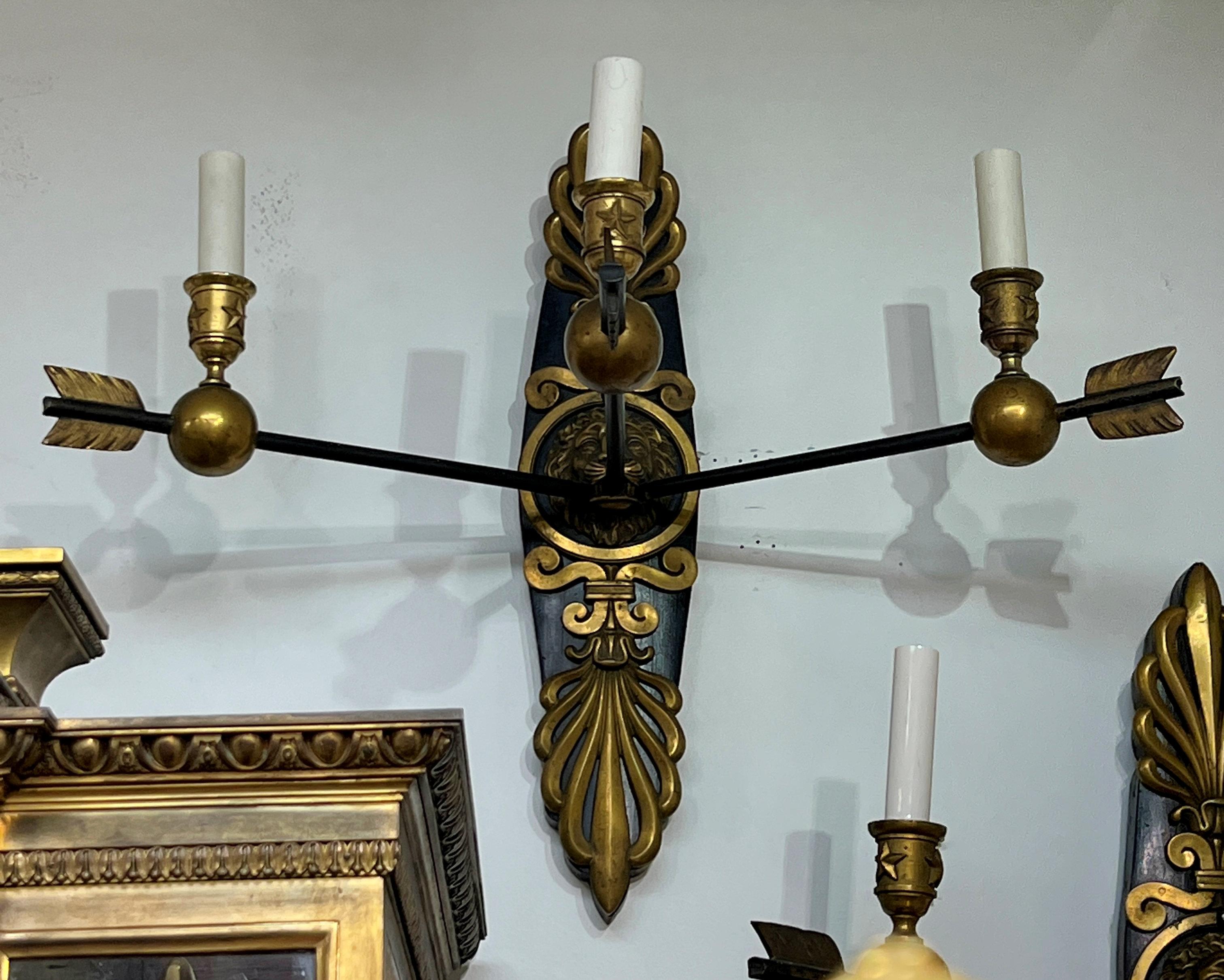 Gilt Pair Arrow Motif Sconces in French Empire Style For Sale