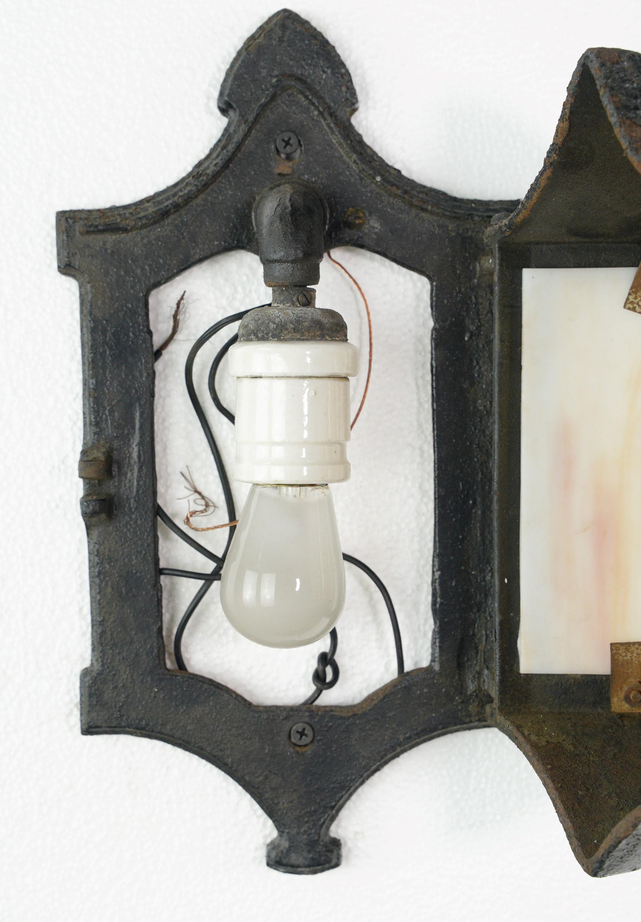 Pair Art & Crafts Cast Iron Stained Glass Wall Sconces In Good Condition In New York, NY