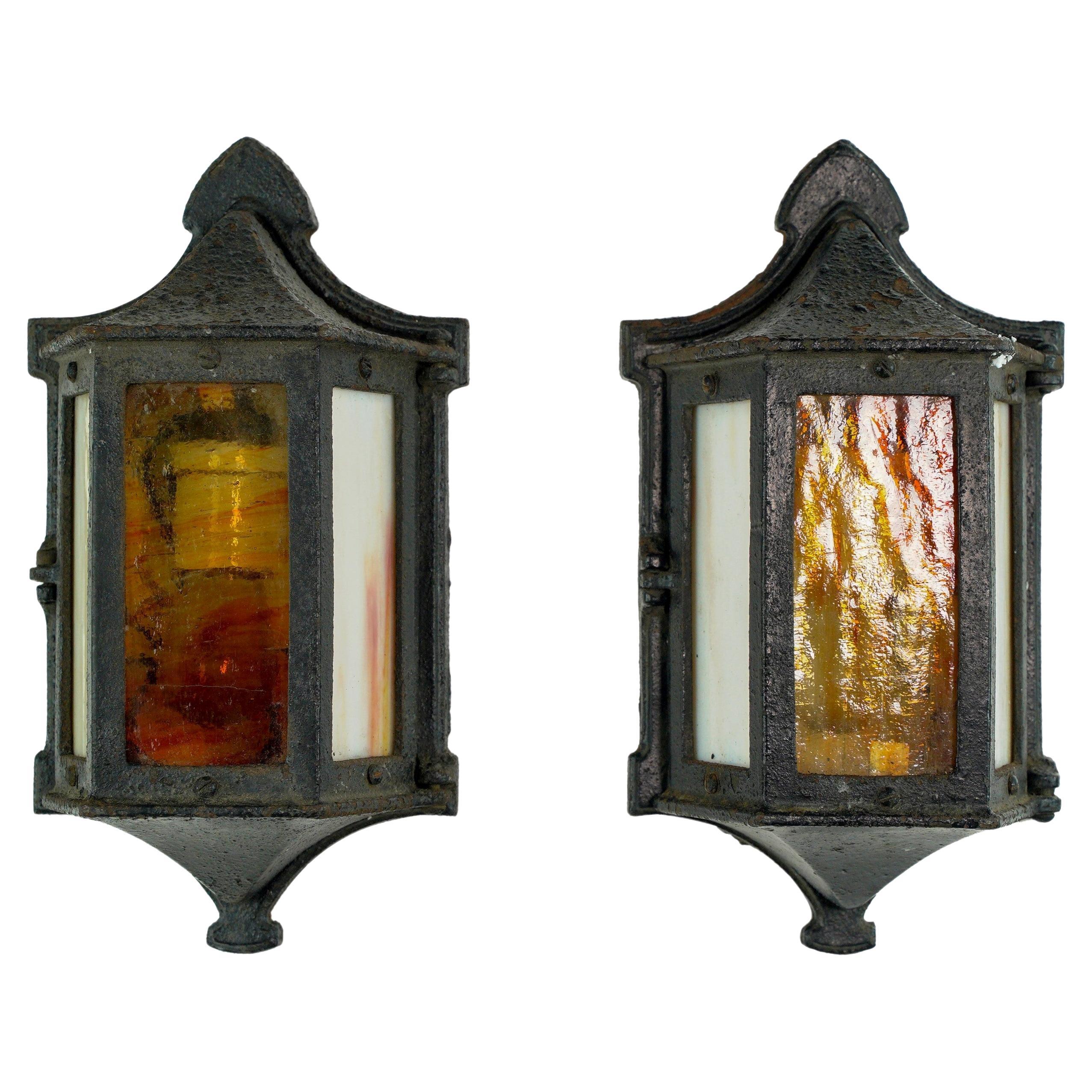 Pair Art & Crafts Cast Iron Stained Glass Wall Sconces