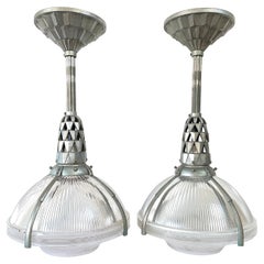 Pair Art Deco Antique Holophane Ceiling Pendants Lights Émile-Jacques Ruhlmann