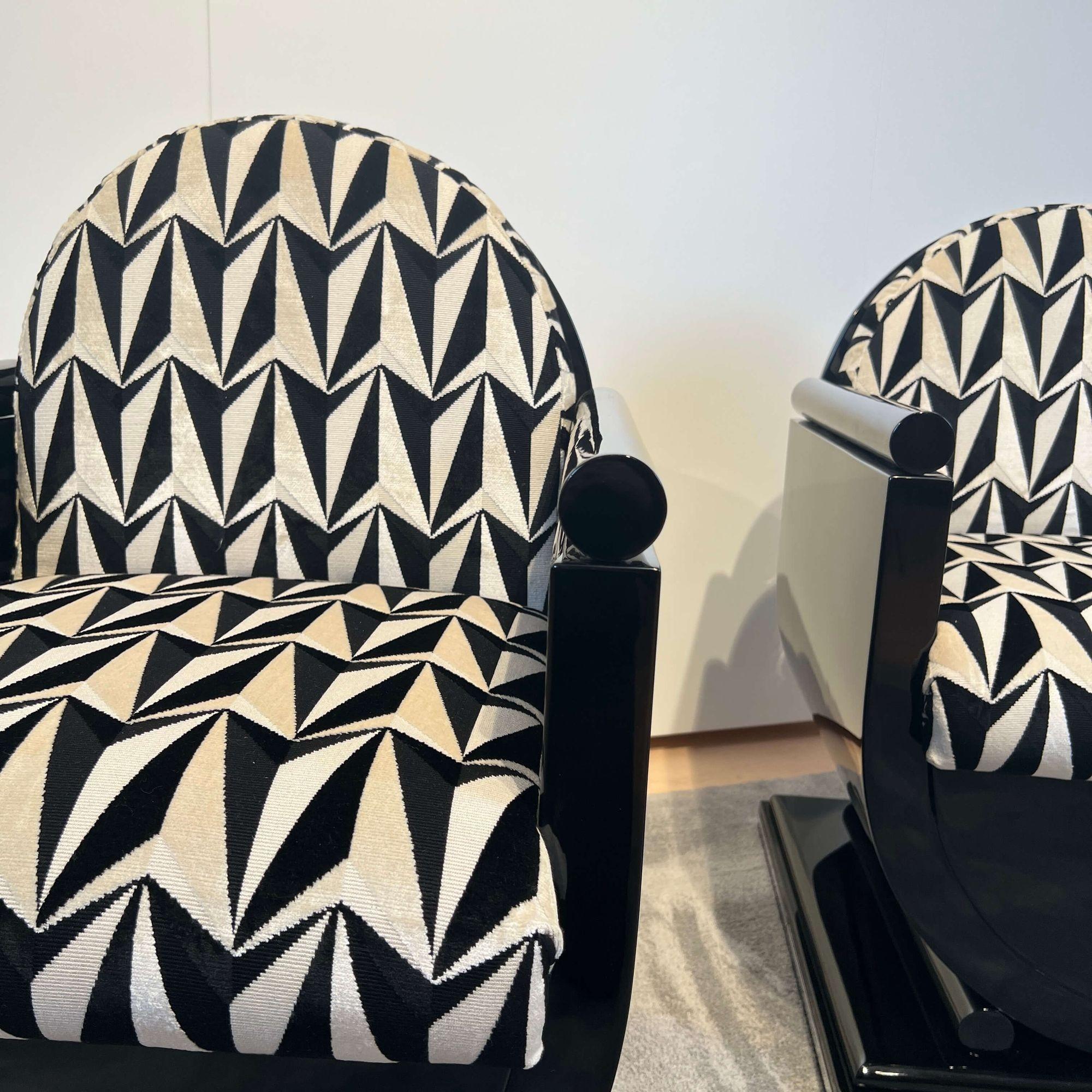 Paar Art-Déco-Sessel, schwarzer Lack, Holz, Metall, Samt, Frankreich, 1950/60er Jahre im Angebot 4