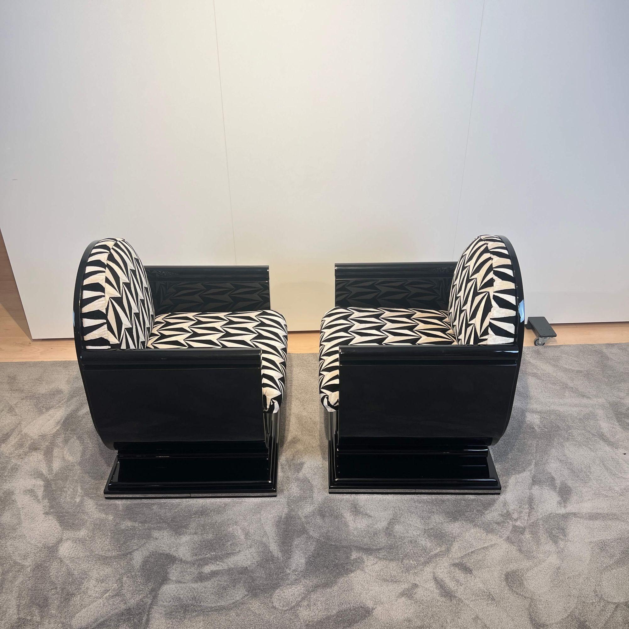 Paar Art-Déco-Sessel, schwarzer Lack, Holz, Metall, Samt, Frankreich, 1950/60er Jahre (Art déco) im Angebot