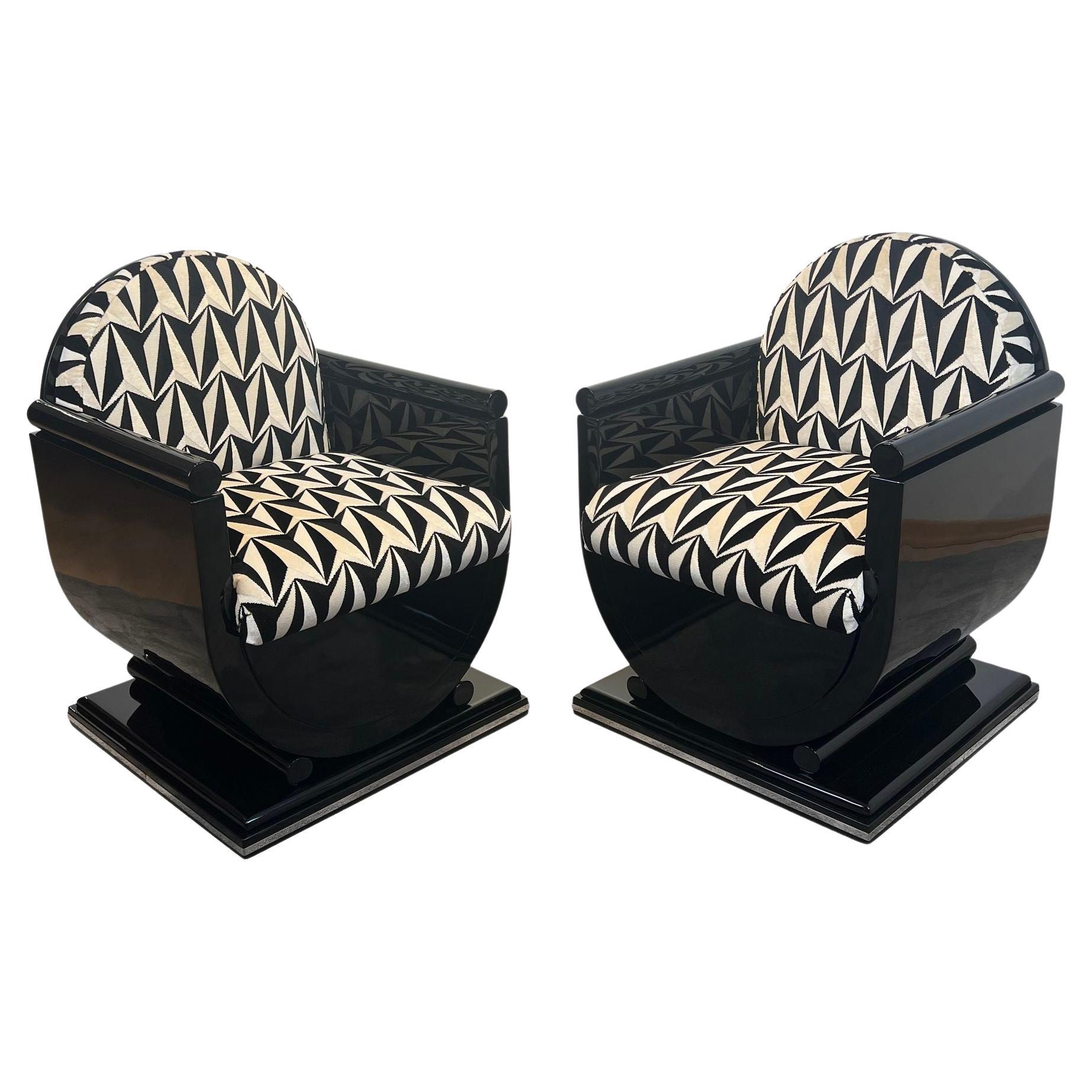 Paire de fauteuils Art Déco, laque noire, bois, métal, velours, France, années 1950/60 en vente