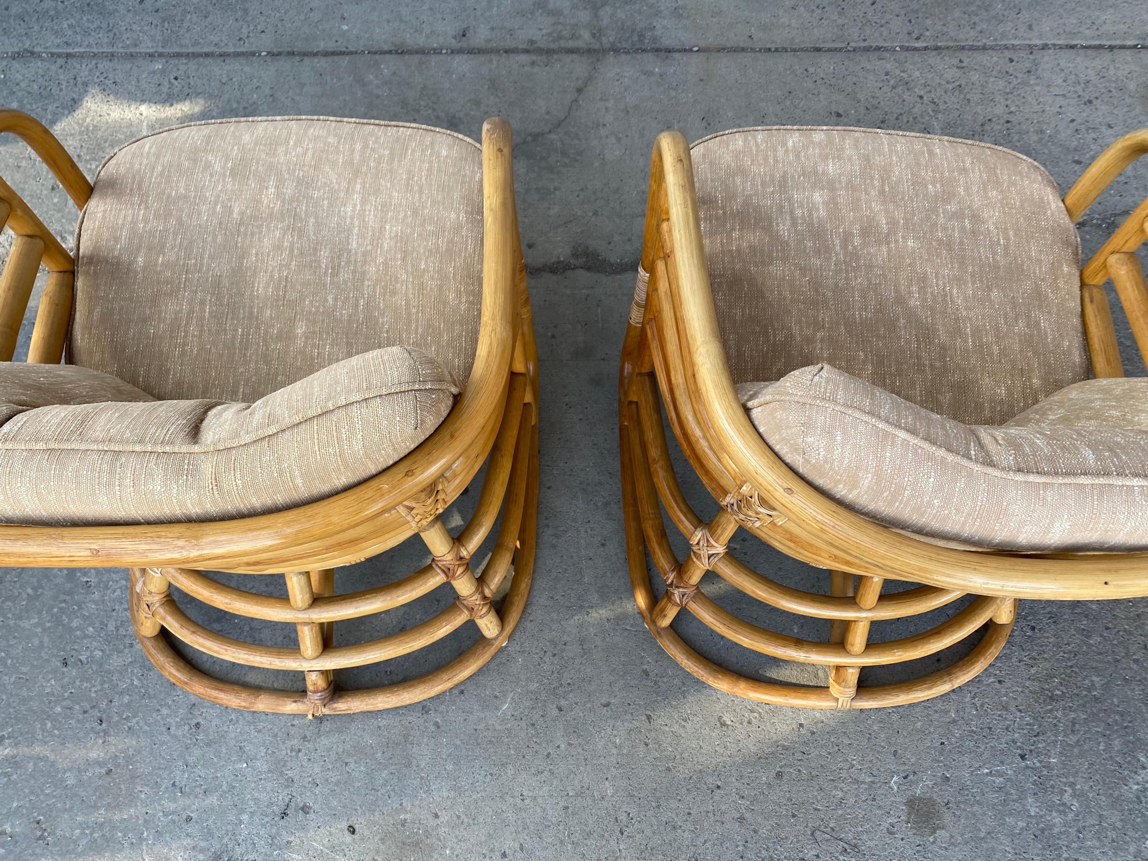 American Pair Art Deco Bamboo Stylized Lounge Chairs, Attributed to Beverly Hills Rattan