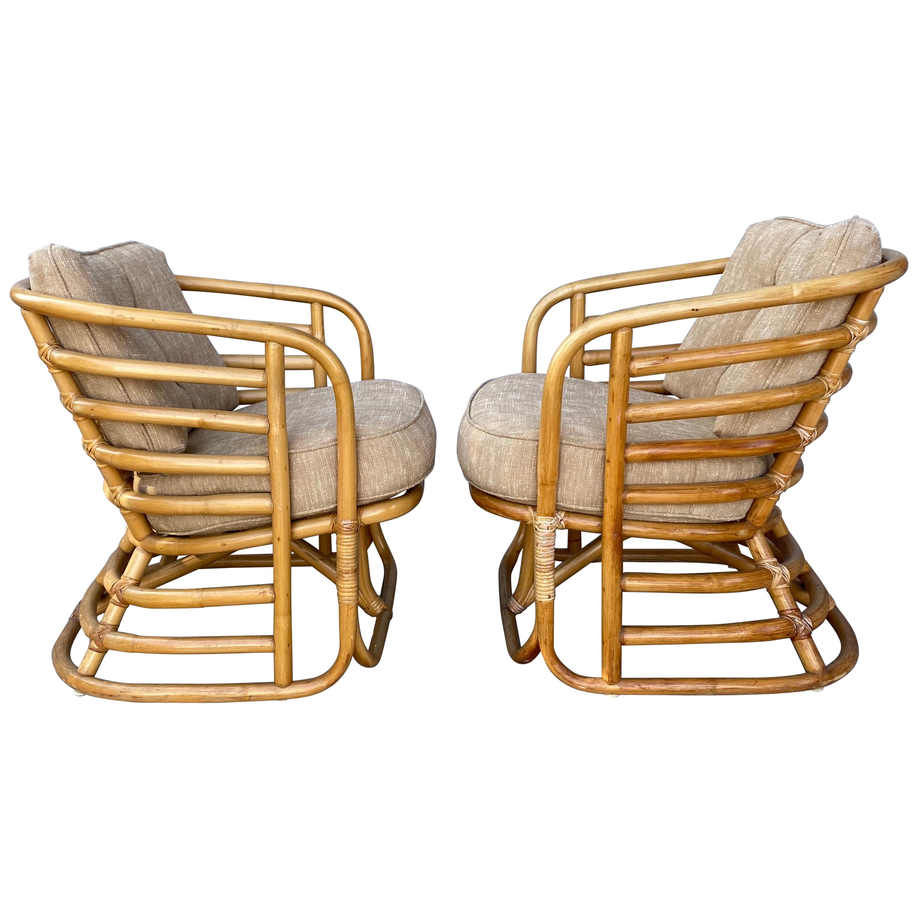 Pair Art Deco Bamboo Stylized Lounge Chairs, Attributed to Beverly Hills Rattan